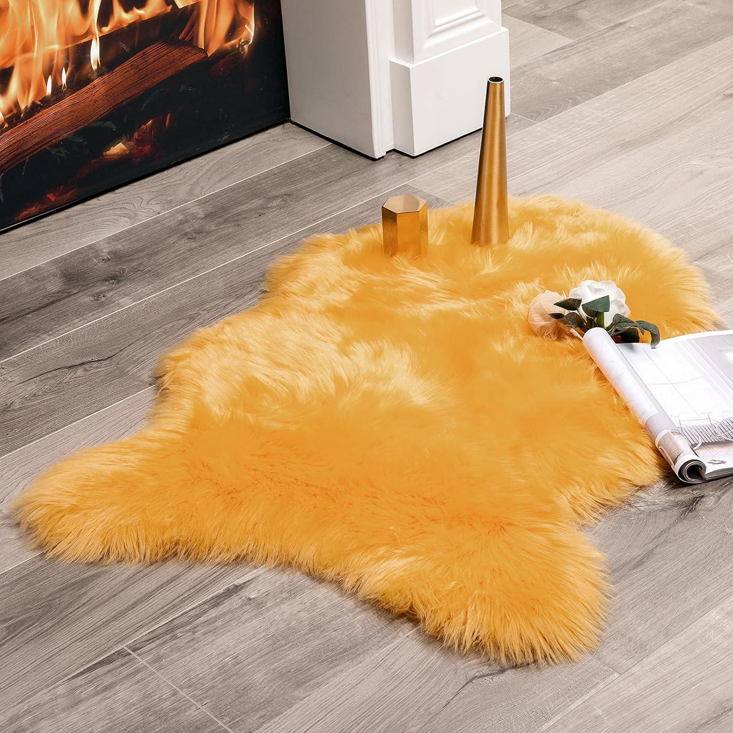 imageMIULEE Luxury Soft Fluffy Area Rug 3x5 Feet Faux Fur Sheepskin Rug Decorative Plush Shaggy Carpet for Christmas Decor Bedside Sofa Floor Nursery WhiteOrange Yellow
