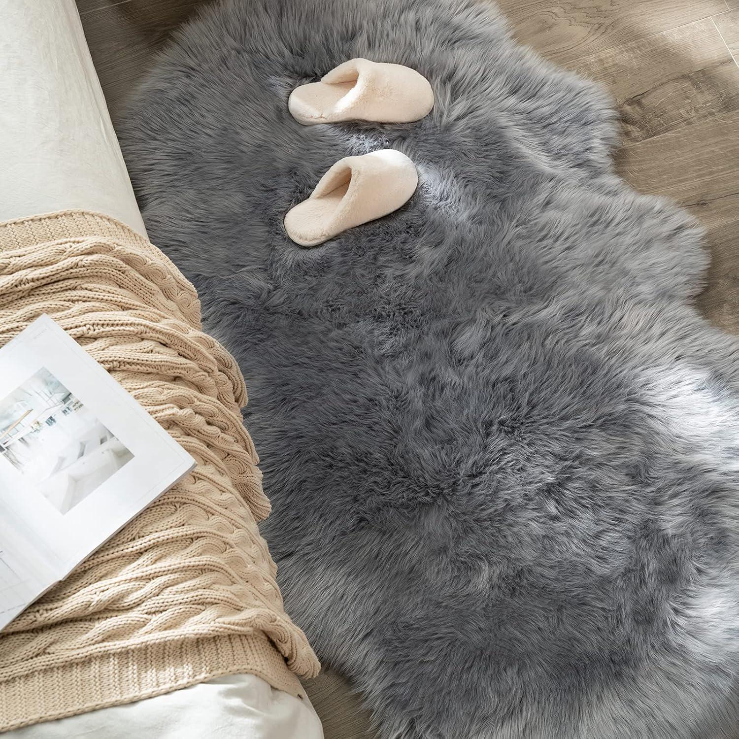 imageMIULEE Luxury Soft Fluffy Area Rug 3x5 Feet Faux Fur Sheepskin Rug Decorative Plush Shaggy Carpet for Christmas Decor Bedside Sofa Floor Nursery WhiteGrey