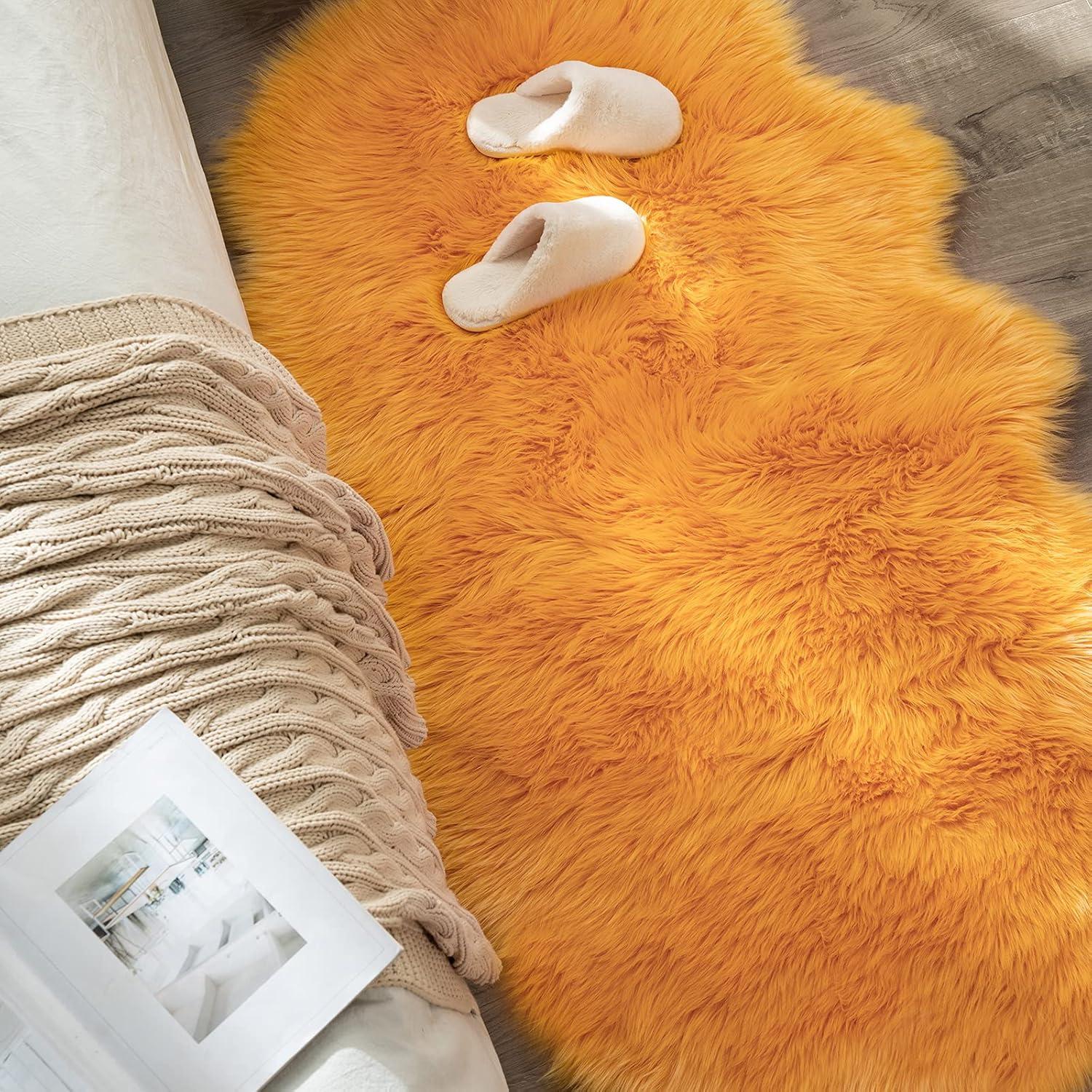 imageMIULEE Luxury Soft Fluffy Area Rug 3x5 Feet Faux Fur Sheepskin Rug Decorative Plush Shaggy Carpet for Christmas Decor Bedside Sofa Floor Nursery WhiteOrange Yellow