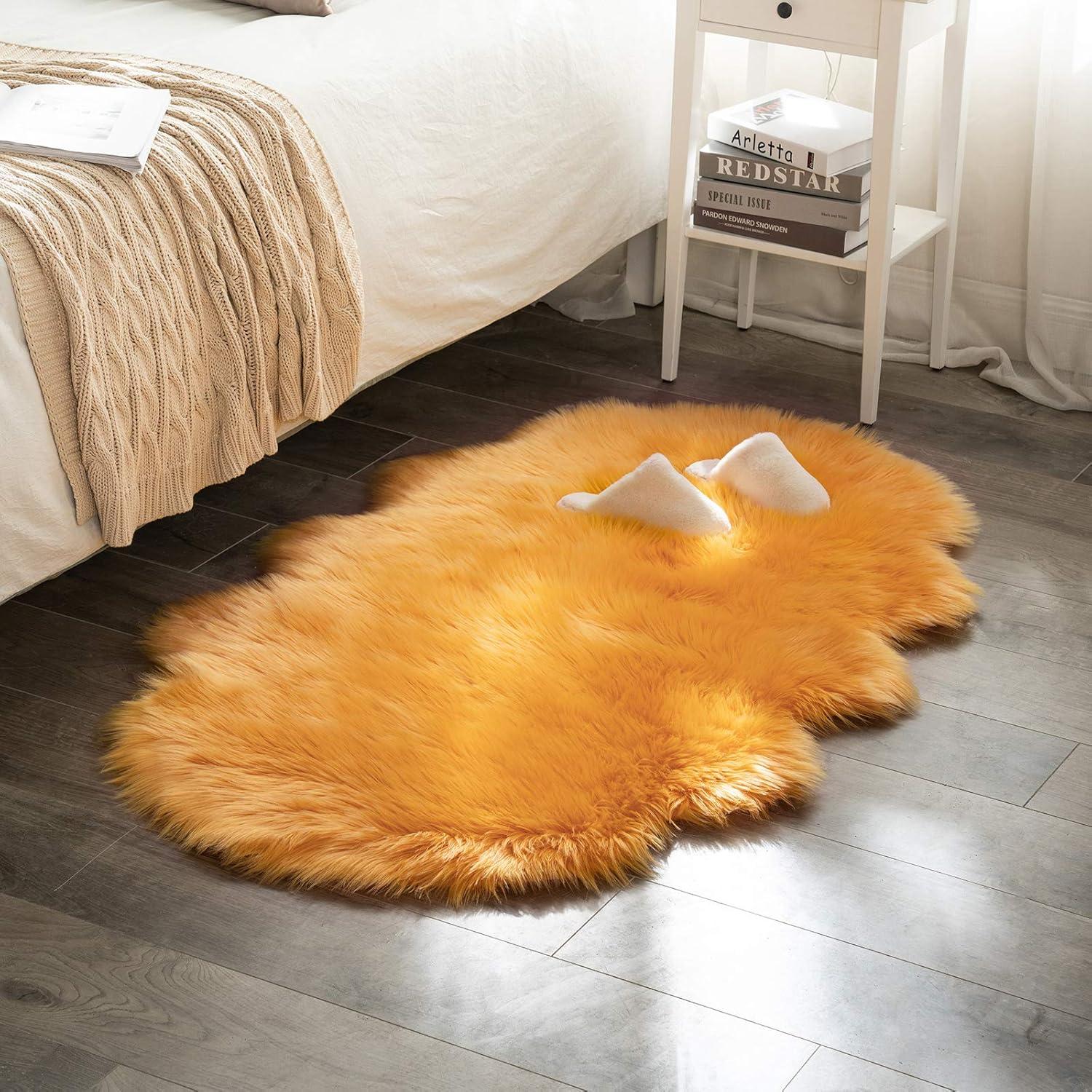 imageMIULEE Luxury Soft Fluffy Area Rug 3x5 Feet Faux Fur Sheepskin Rug Decorative Plush Shaggy Carpet for Christmas Decor Bedside Sofa Floor Nursery WhiteOrange Yellow