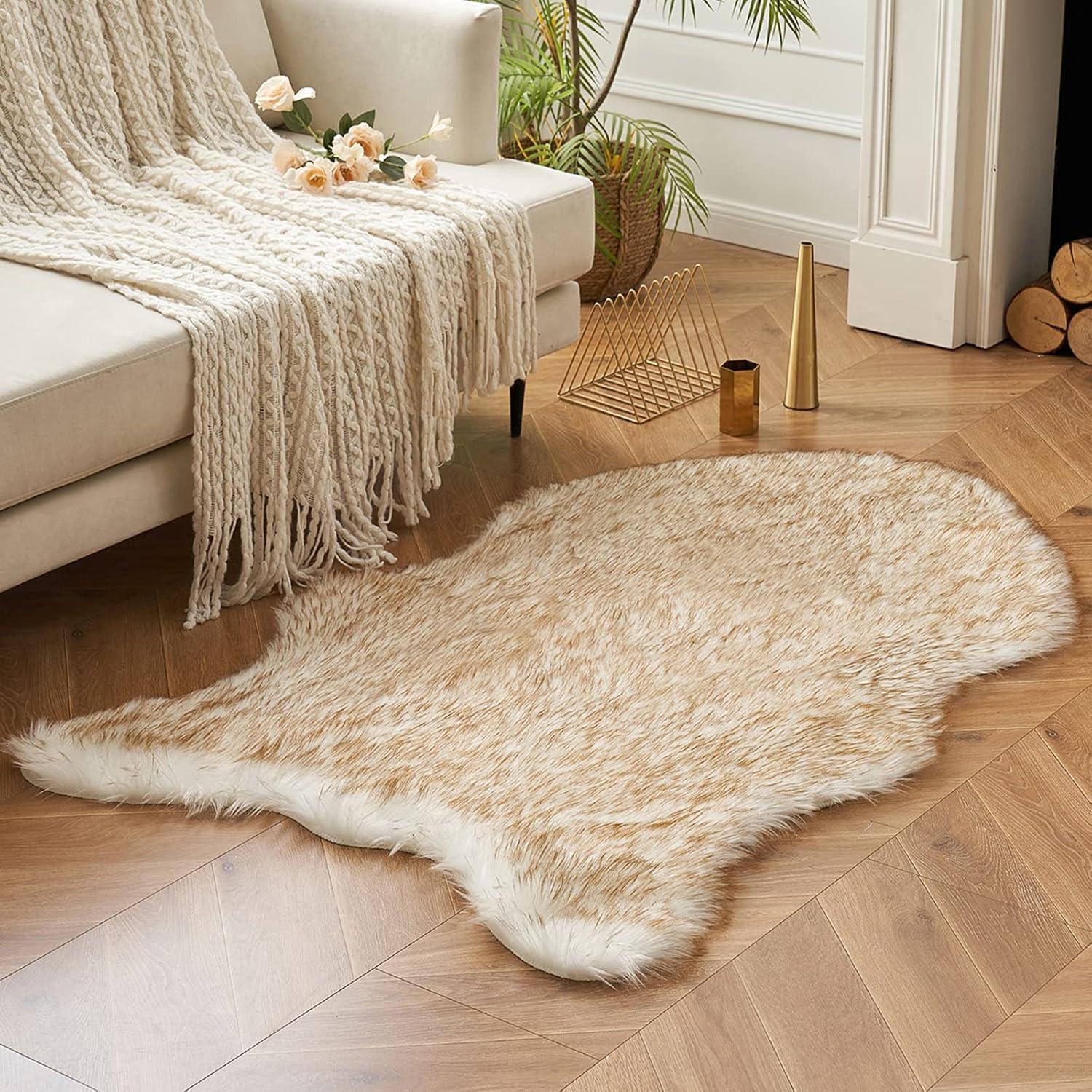 imageMIULEE Luxury Soft Fluffy Area Rug 3x5 Feet Faux Fur Sheepskin Rug Decorative Plush Shaggy Carpet for Christmas Decor Bedside Sofa Floor Nursery WhiteFrosted Tips Brown