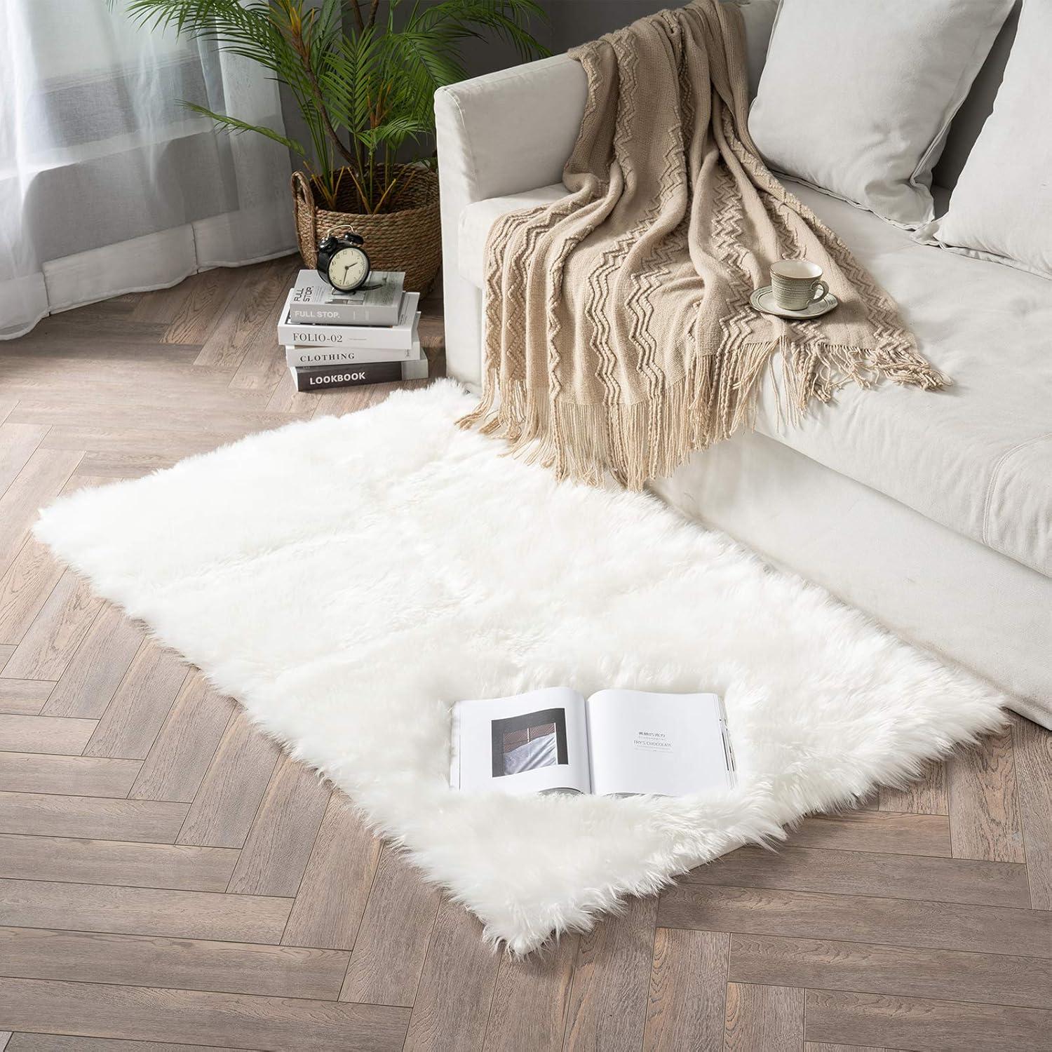 imageMIULEE Luxury Soft Fluffy Area Rug 3x5 Feet Faux Fur Sheepskin Rug Decorative Plush Shaggy Carpet for Christmas Decor Bedside Sofa Floor Nursery WhiteWhite
