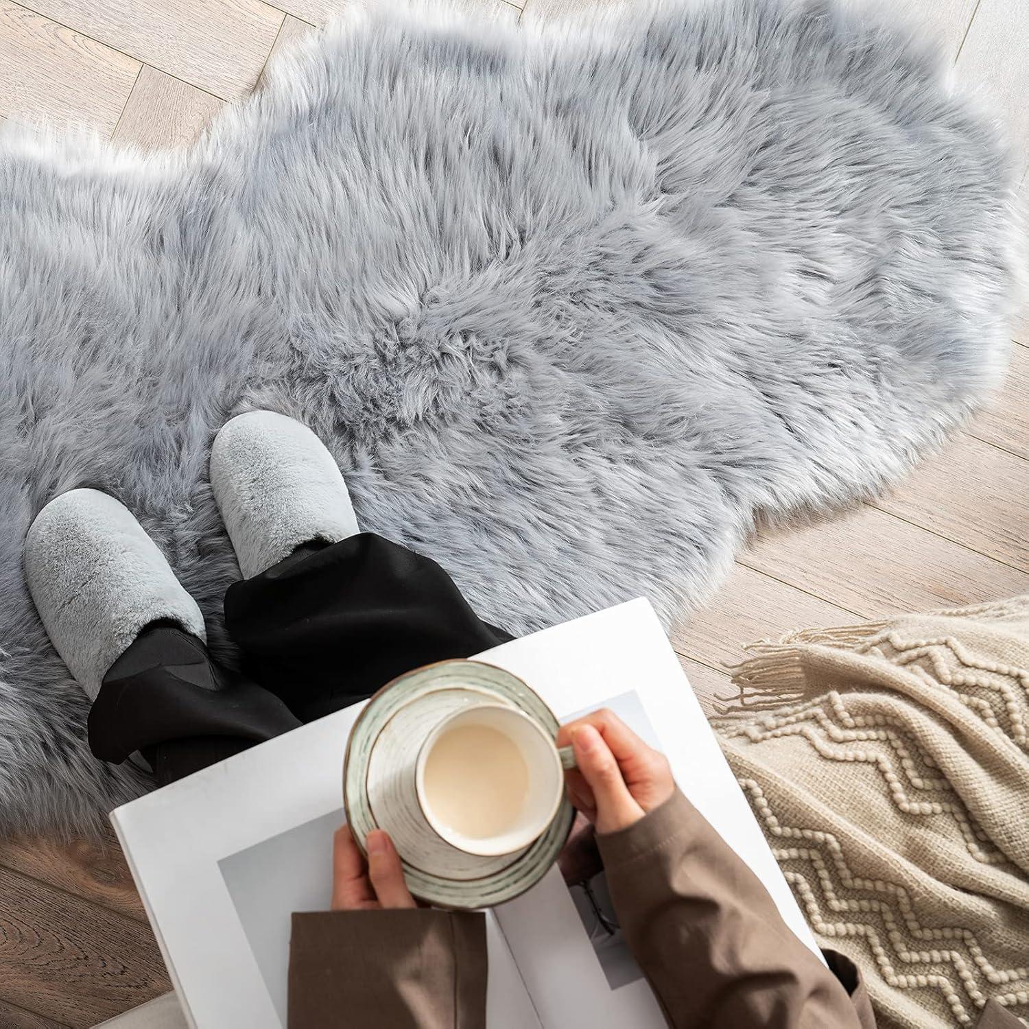 imageMIULEE Luxury Soft Fluffy Area Rug 3x5 Feet Faux Fur Sheepskin Rug Decorative Plush Shaggy Carpet for Christmas Decor Bedside Sofa Floor Nursery WhiteGrey