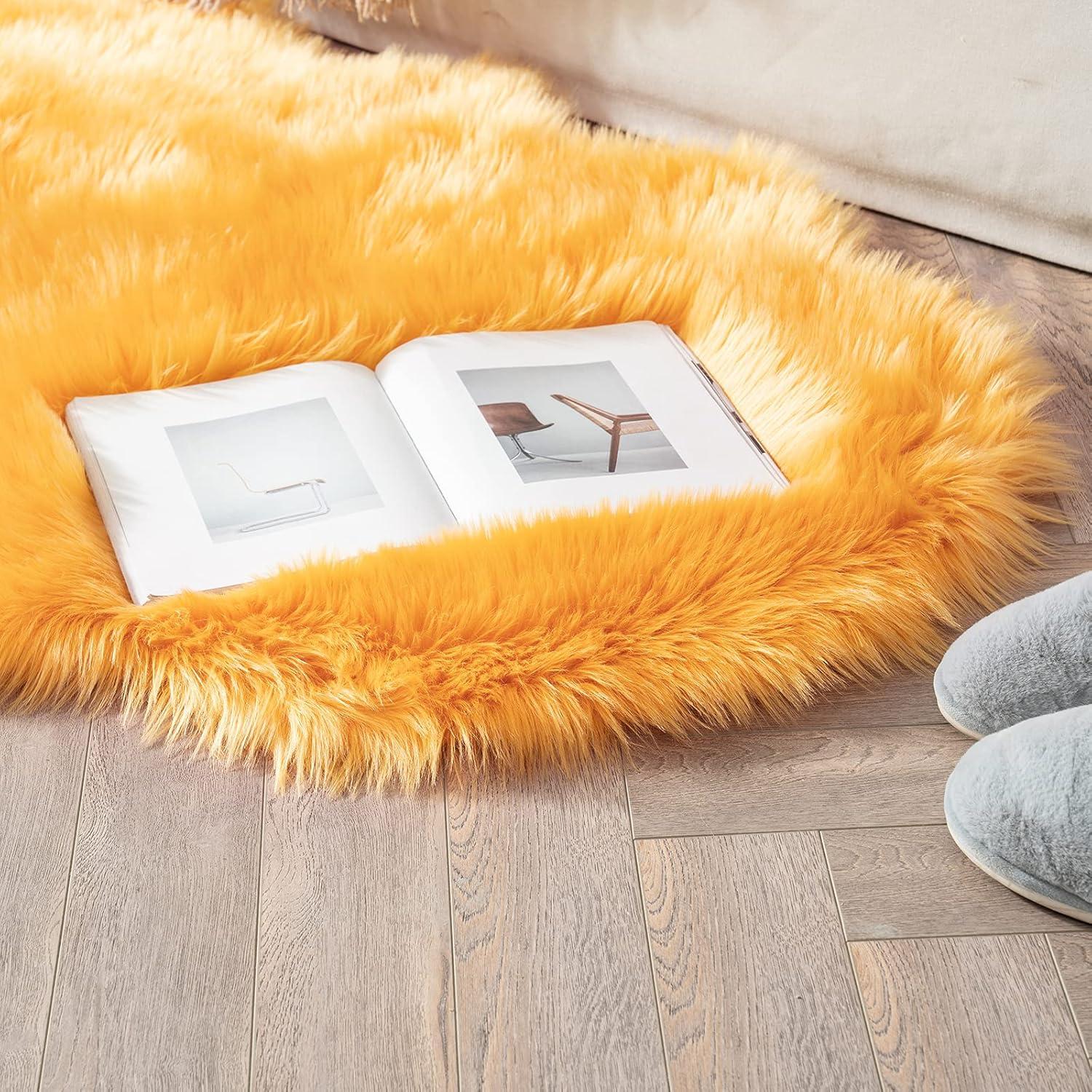 imageMIULEE Luxury Soft Fluffy Area Rug 3x5 Feet Faux Fur Sheepskin Rug Decorative Plush Shaggy Carpet for Christmas Decor Bedside Sofa Floor Nursery WhiteOrange Yellow