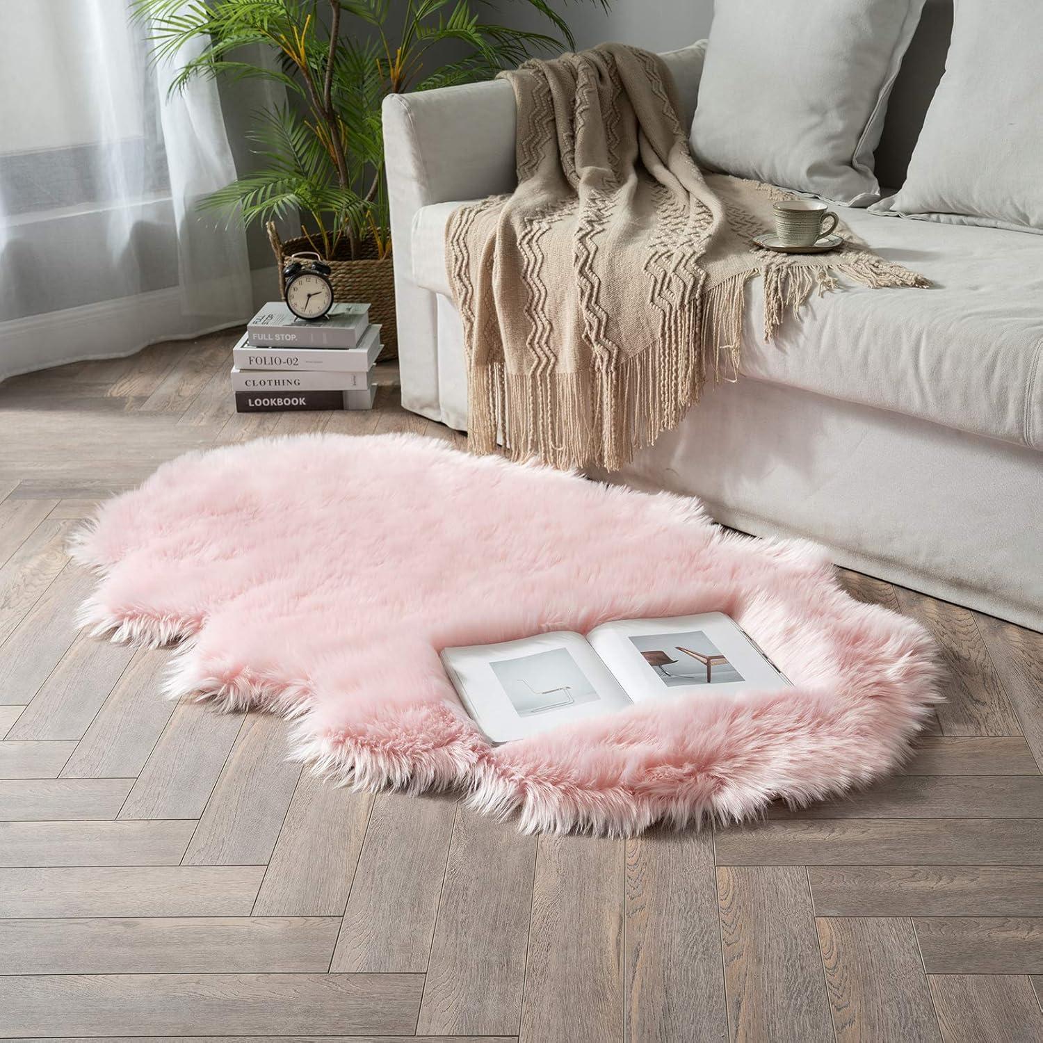 imageMIULEE Luxury Soft Fluffy Area Rug 3x5 Feet Faux Fur Sheepskin Rug Decorative Plush Shaggy Carpet for Christmas Decor Bedside Sofa Floor Nursery WhitePink