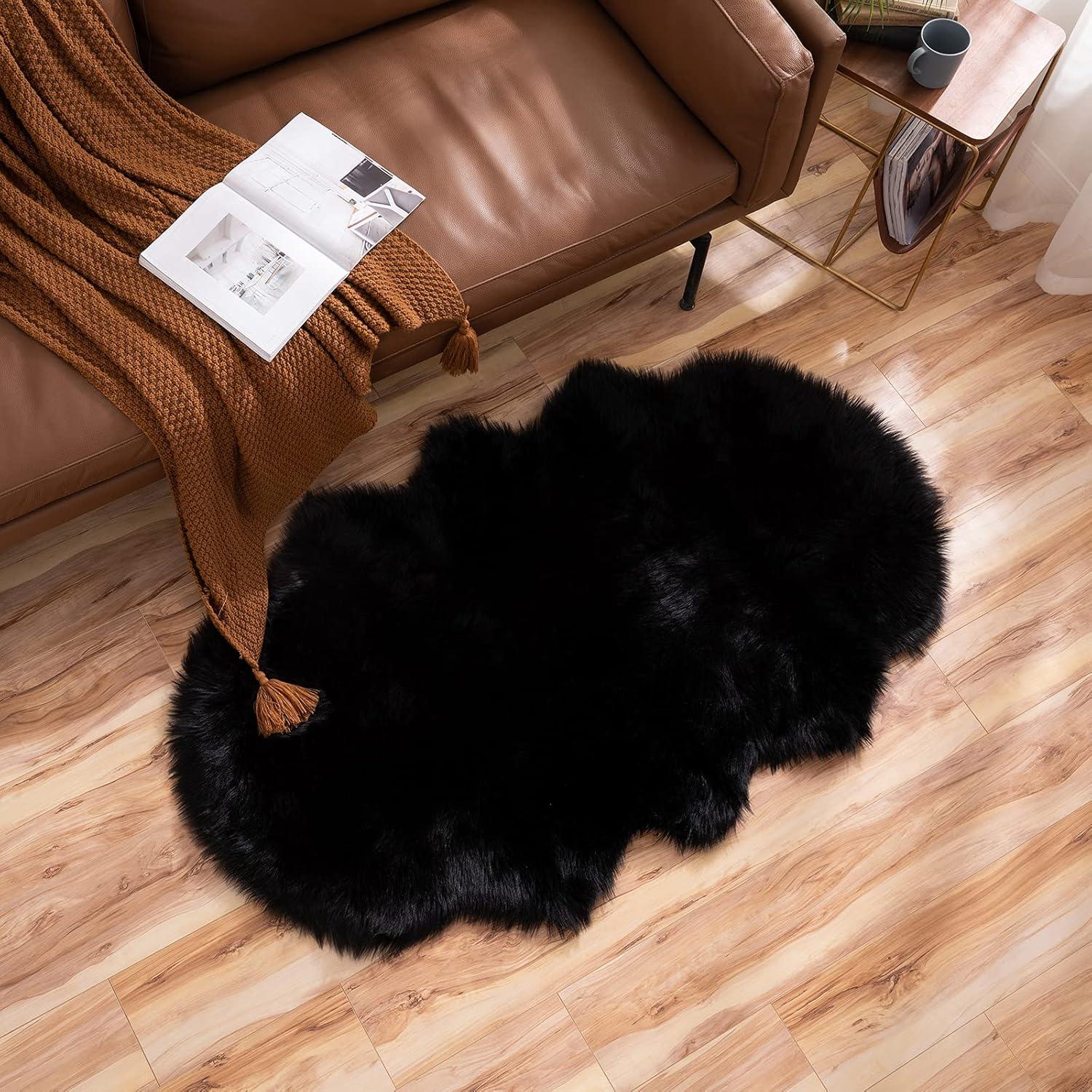 imageMIULEE Luxury Soft Fluffy Area Rug 3x5 Feet Faux Fur Sheepskin Rug Decorative Plush Shaggy Carpet for Christmas Decor Bedside Sofa Floor Nursery WhiteBlack