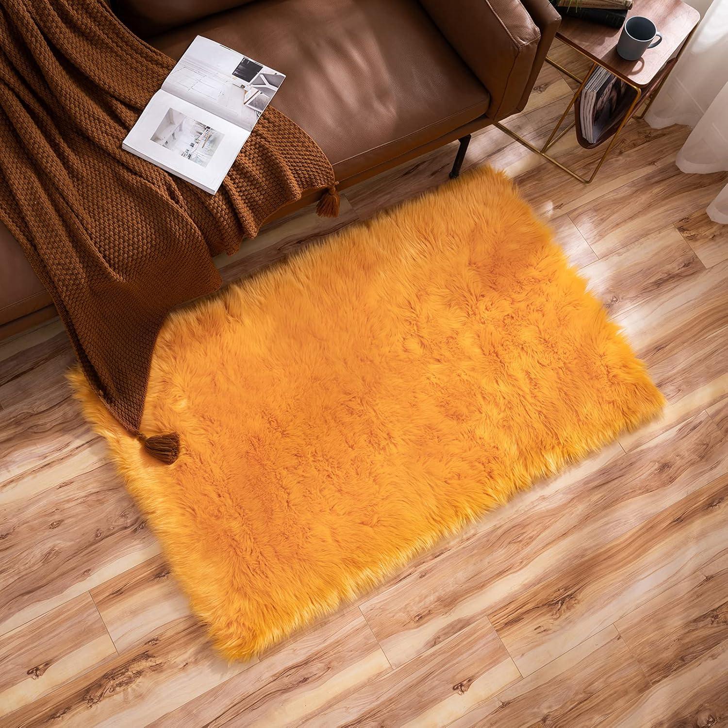 imageMIULEE Luxury Soft Fluffy Area Rug 3x5 Feet Faux Fur Sheepskin Rug Decorative Plush Shaggy Carpet for Christmas Decor Bedside Sofa Floor Nursery WhiteOrange Yellow