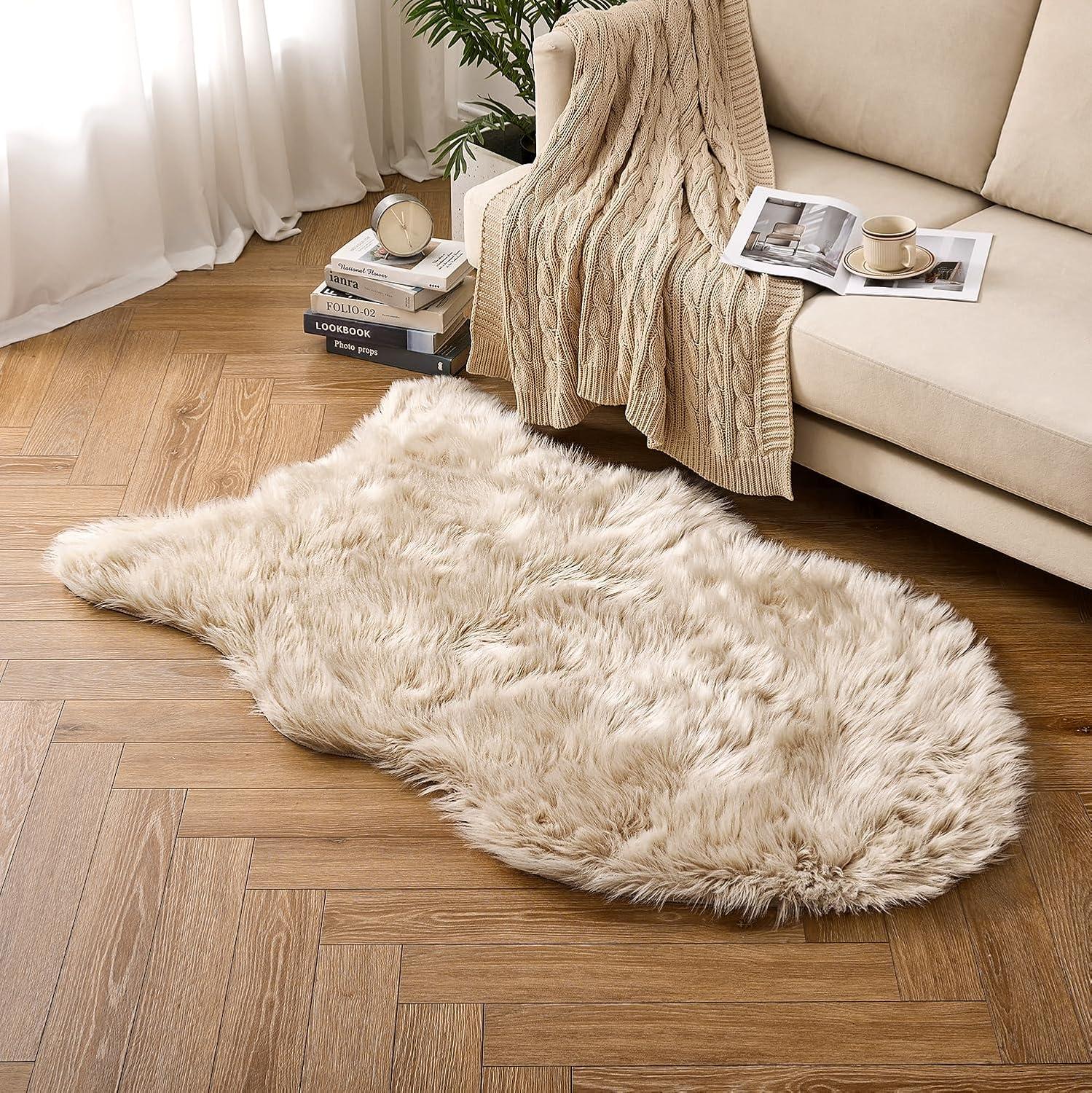 imageMIULEE Luxury Soft Fluffy Area Rug 3x5 Feet Faux Fur Sheepskin Rug Decorative Plush Shaggy Carpet for Christmas Decor Bedside Sofa Floor Nursery WhiteBeige