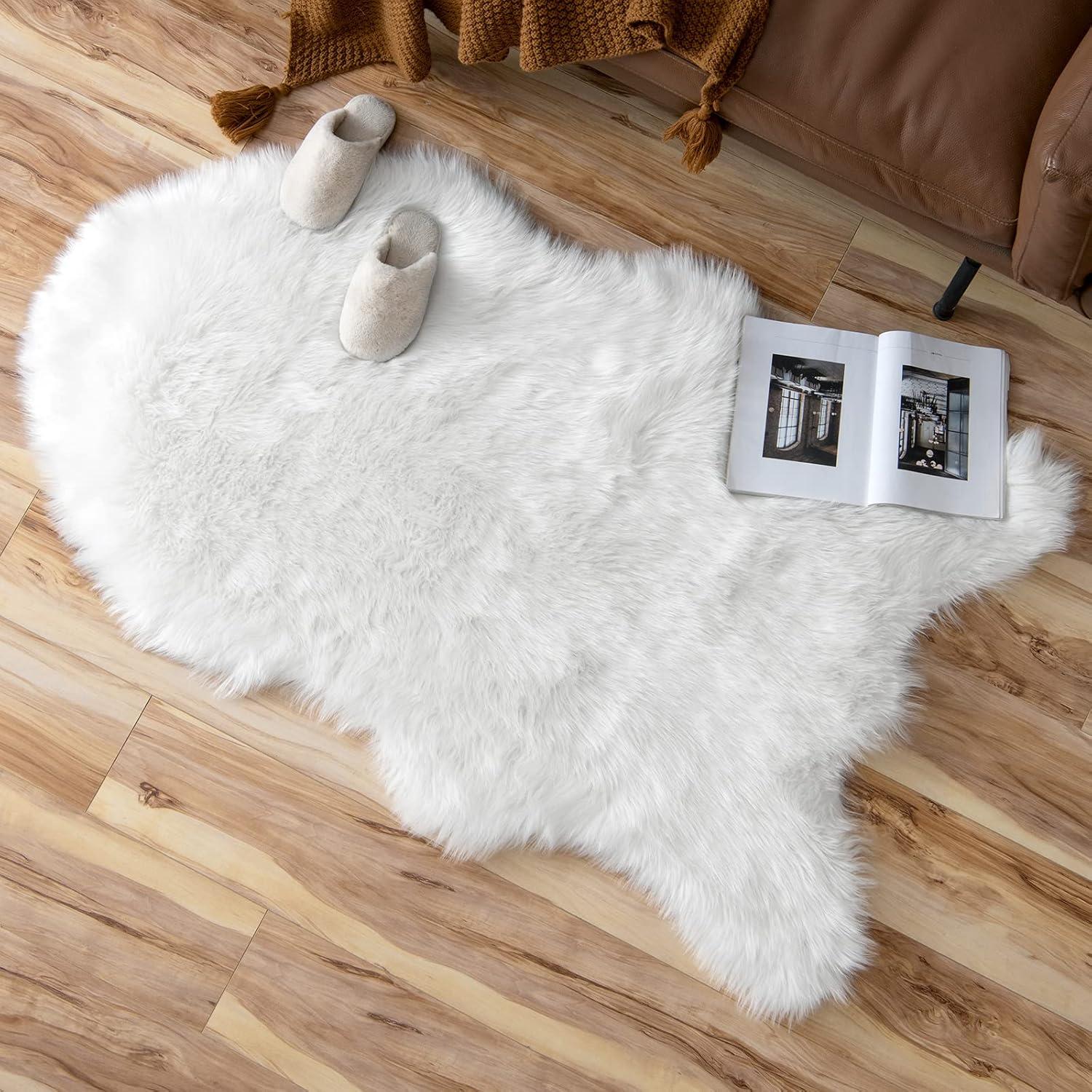 imageMIULEE Luxury Soft Fluffy Area Rug 3x5 Feet Faux Fur Sheepskin Rug Decorative Plush Shaggy Carpet for Christmas Decor Bedside Sofa Floor Nursery WhiteWhite