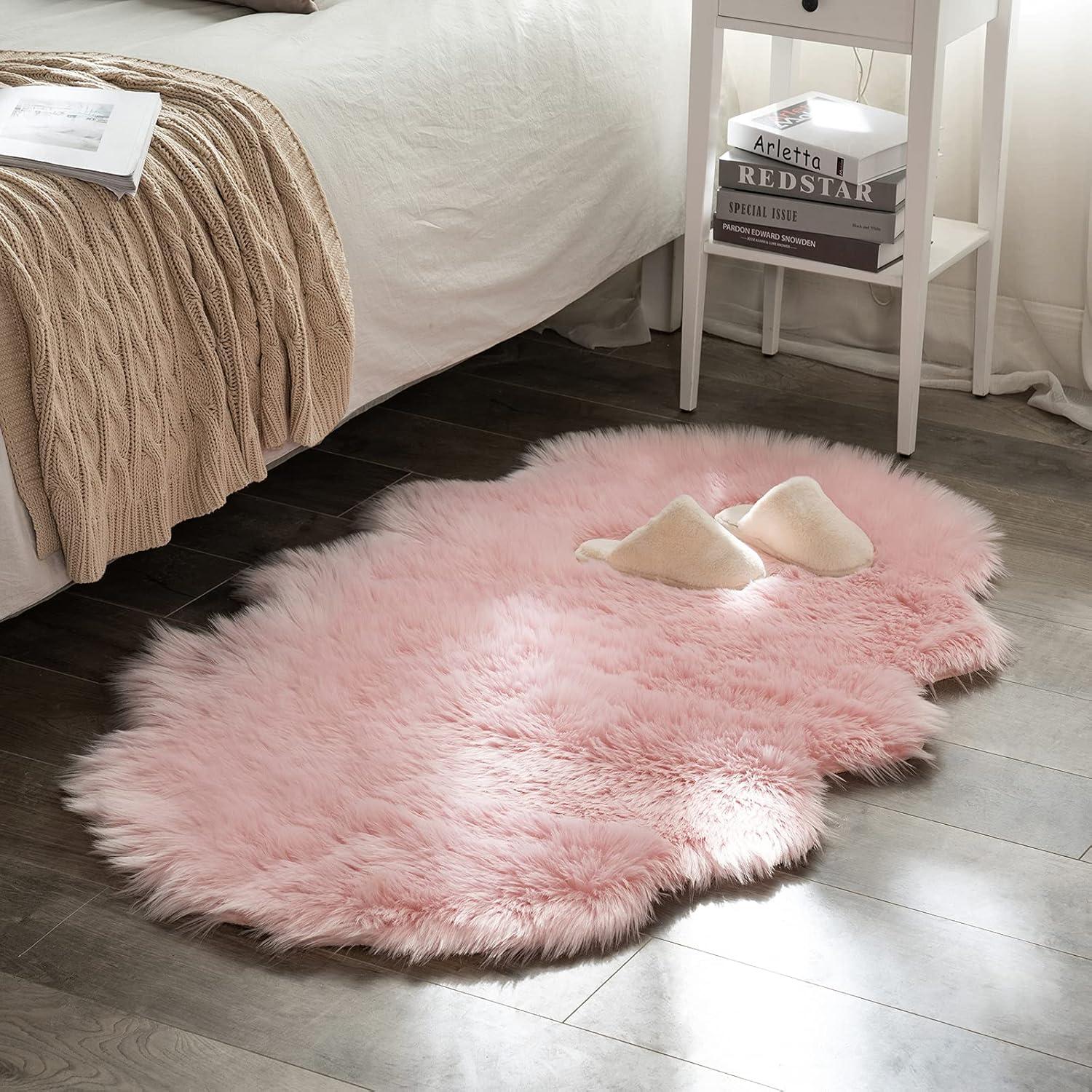 imageMIULEE Luxury Soft Fluffy Area Rug 3x5 Feet Faux Fur Sheepskin Rug Decorative Plush Shaggy Carpet for Christmas Decor Bedside Sofa Floor Nursery WhitePink