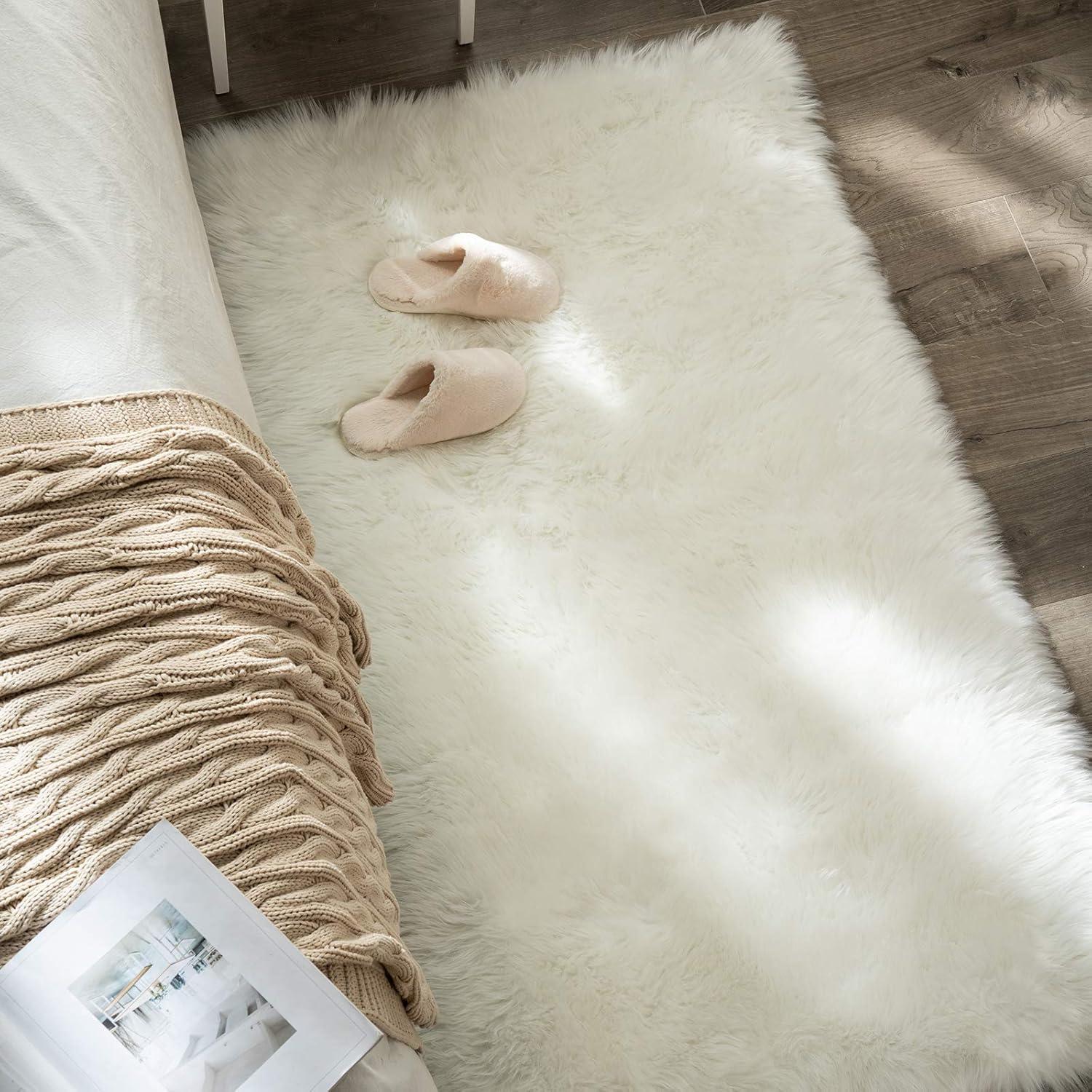 imageMIULEE Luxury Soft Fluffy Area Rug 3x5 Feet Faux Fur Sheepskin Rug Decorative Plush Shaggy Carpet for Christmas Decor Bedside Sofa Floor Nursery WhiteWhite
