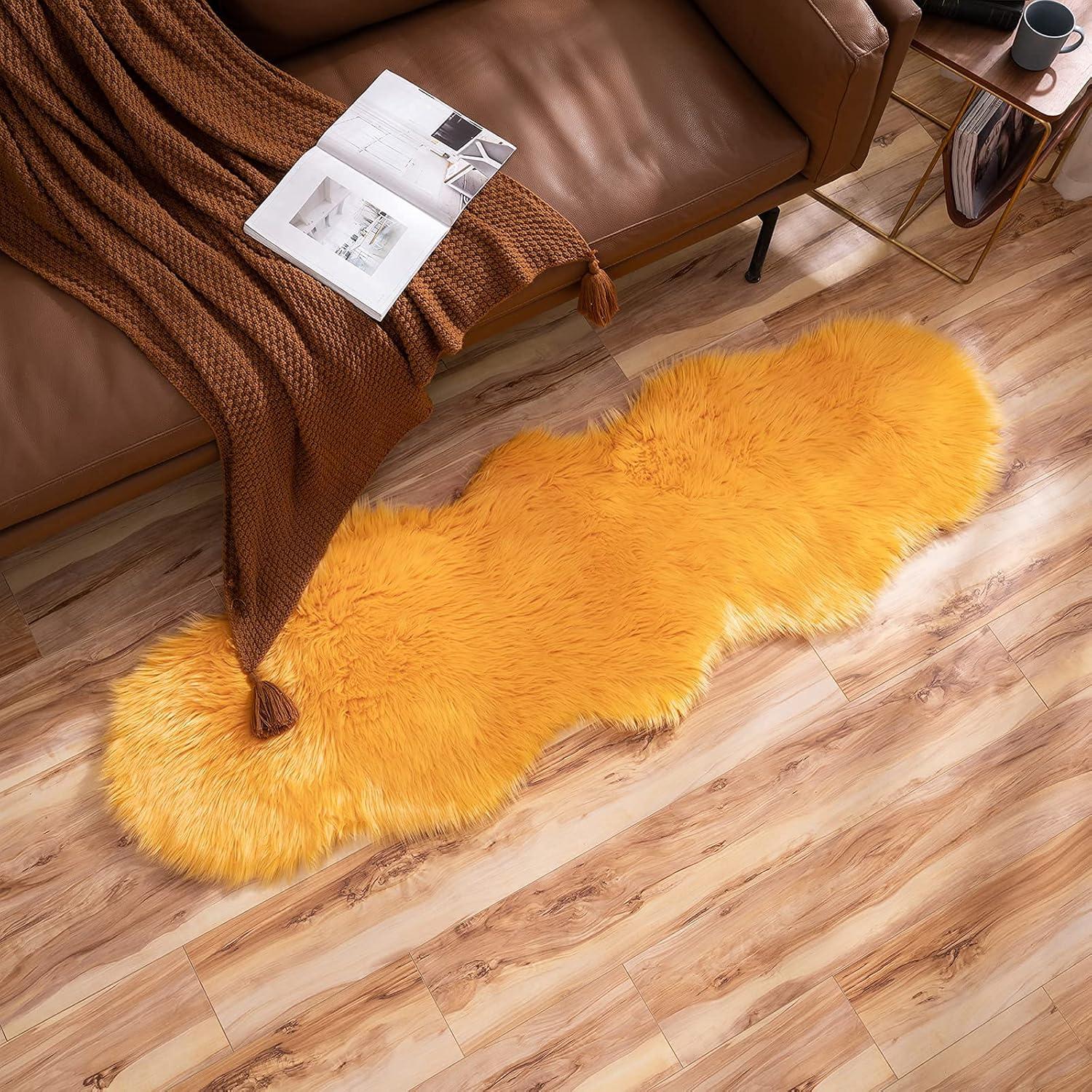 imageMIULEE Luxury Soft Fluffy Area Rug 3x5 Feet Faux Fur Sheepskin Rug Decorative Plush Shaggy Carpet for Christmas Decor Bedside Sofa Floor Nursery WhiteOrange Yellow
