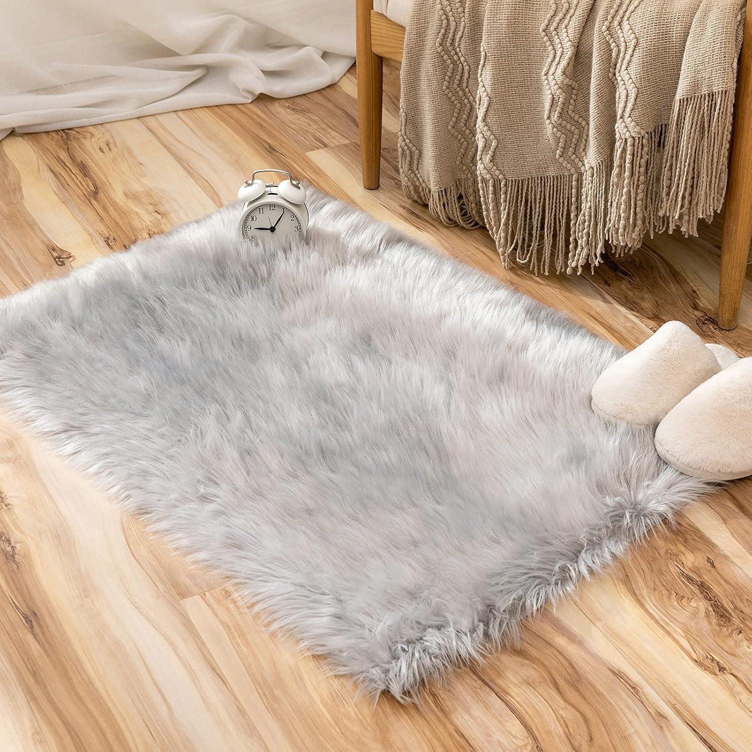 imageMIULEE Luxury Soft Fluffy Area Rug 3x5 Feet Faux Fur Sheepskin Rug Decorative Plush Shaggy Carpet for Christmas Decor Bedside Sofa Floor Nursery WhiteGrey