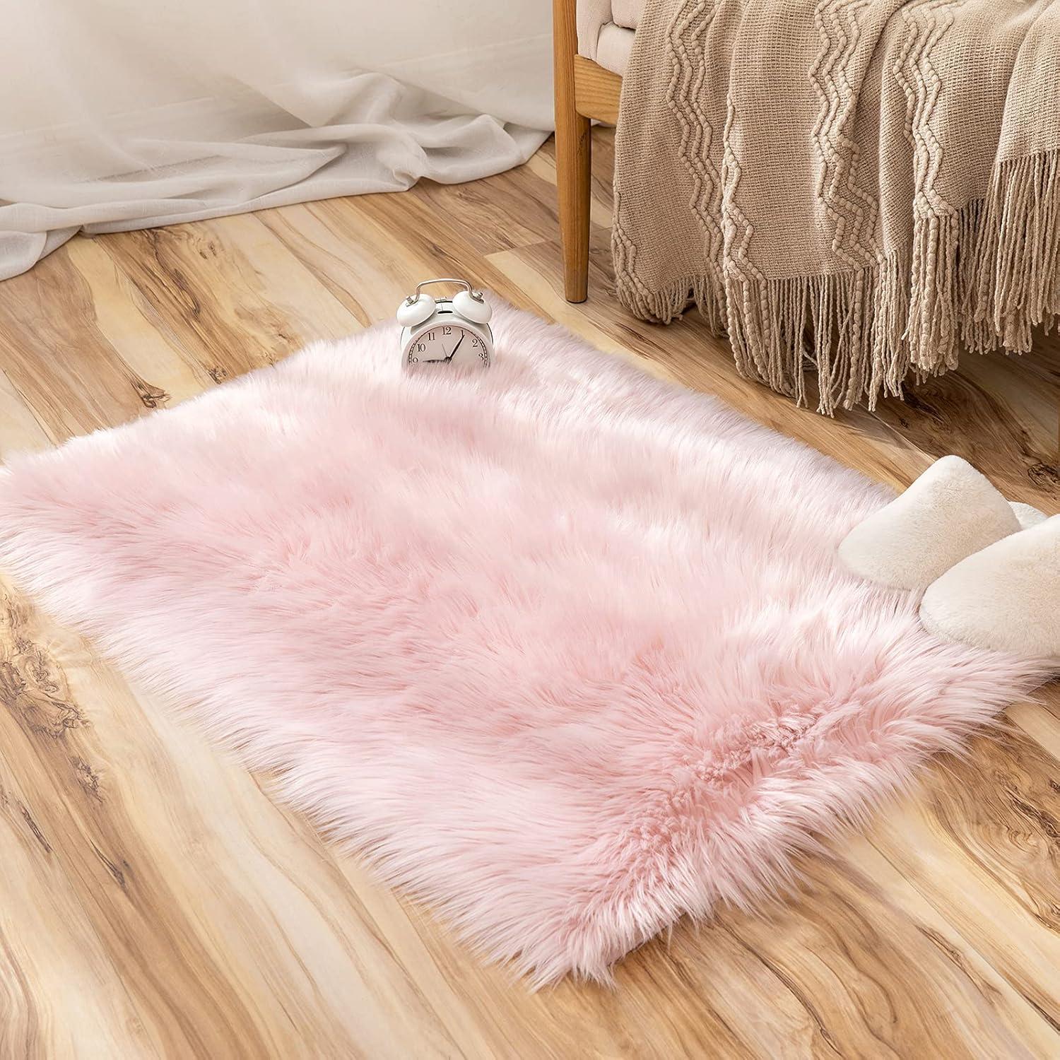 imageMIULEE Luxury Soft Fluffy Area Rug 3x5 Feet Faux Fur Sheepskin Rug Decorative Plush Shaggy Carpet for Christmas Decor Bedside Sofa Floor Nursery WhitePink