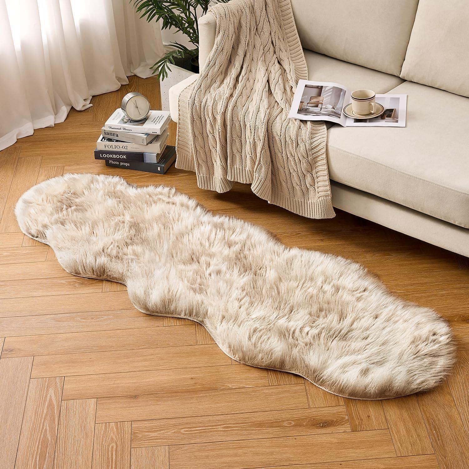 imageMIULEE Luxury Soft Fluffy Area Rug 3x5 Feet Faux Fur Sheepskin Rug Decorative Plush Shaggy Carpet for Christmas Decor Bedside Sofa Floor Nursery WhiteBeige