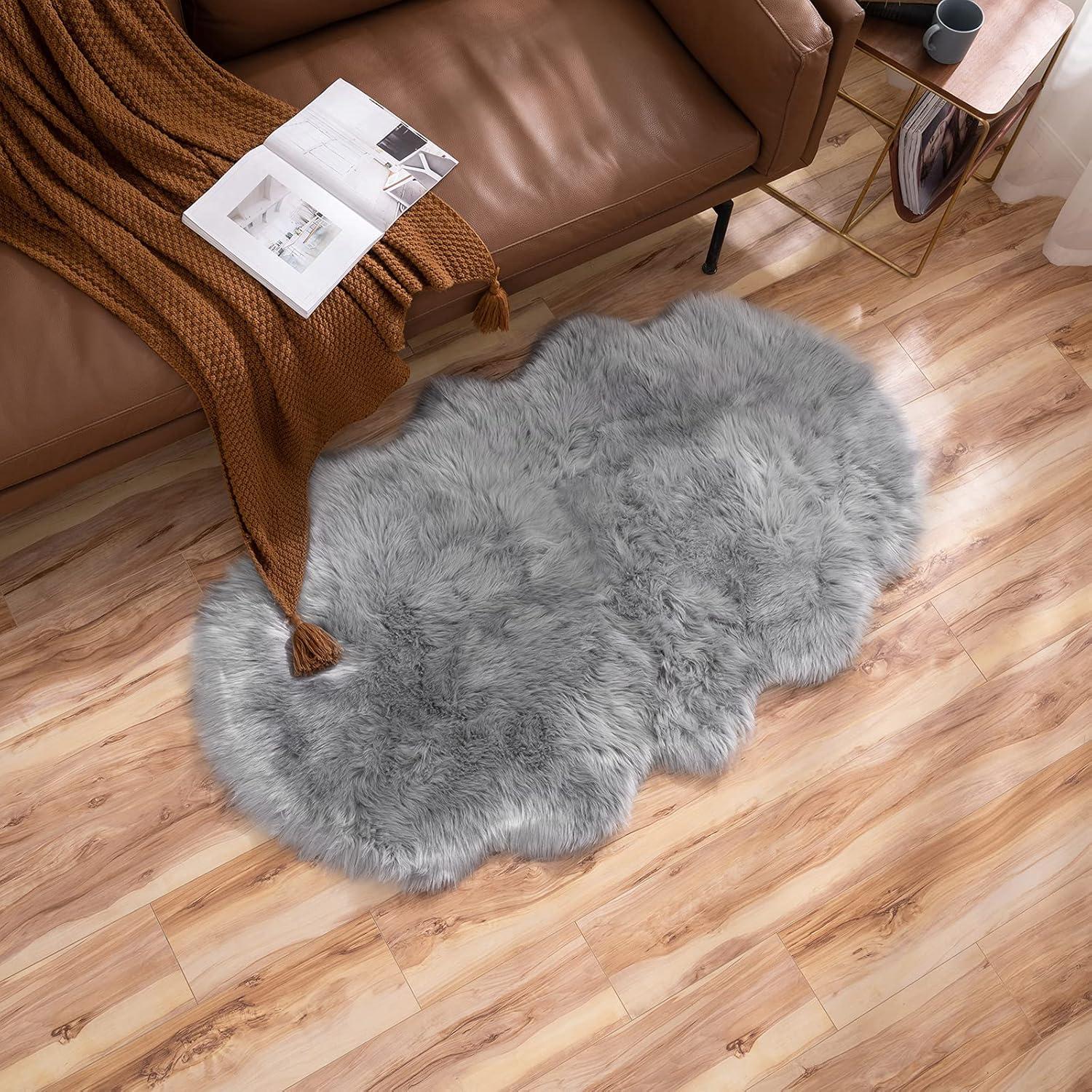 imageMIULEE Luxury Soft Fluffy Area Rug 3x5 Feet Faux Fur Sheepskin Rug Decorative Plush Shaggy Carpet for Christmas Decor Bedside Sofa Floor Nursery WhiteGrey