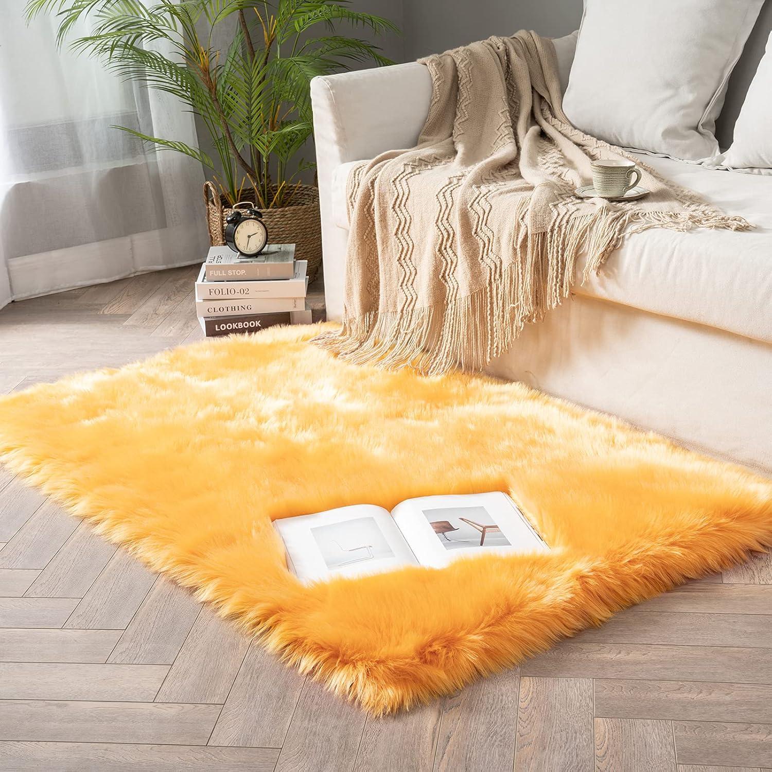 imageMIULEE Luxury Soft Fluffy Area Rug 3x5 Feet Faux Fur Sheepskin Rug Decorative Plush Shaggy Carpet for Christmas Decor Bedside Sofa Floor Nursery WhiteOrange Yellow