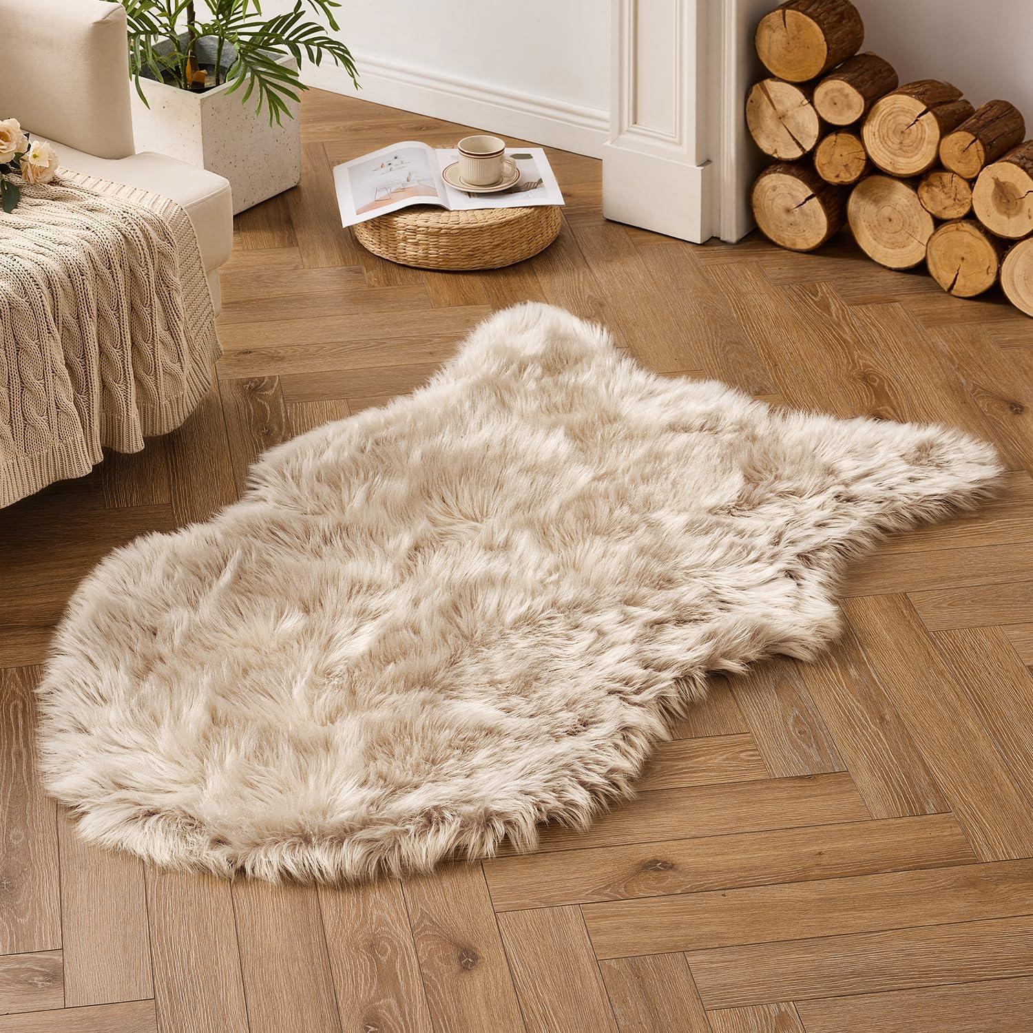 imageMIULEE Luxury Soft Fluffy Area Rug 3x5 Feet Faux Fur Sheepskin Rug Decorative Plush Shaggy Carpet for Christmas Decor Bedside Sofa Floor Nursery WhiteBeige