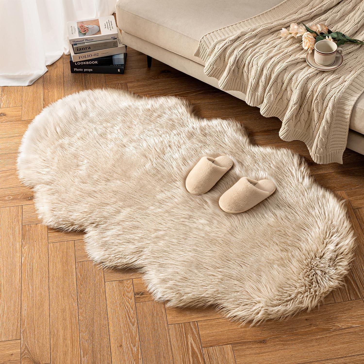 imageMIULEE Luxury Soft Fluffy Area Rug 3x5 Feet Faux Fur Sheepskin Rug Decorative Plush Shaggy Carpet for Christmas Decor Bedside Sofa Floor Nursery WhiteBeige