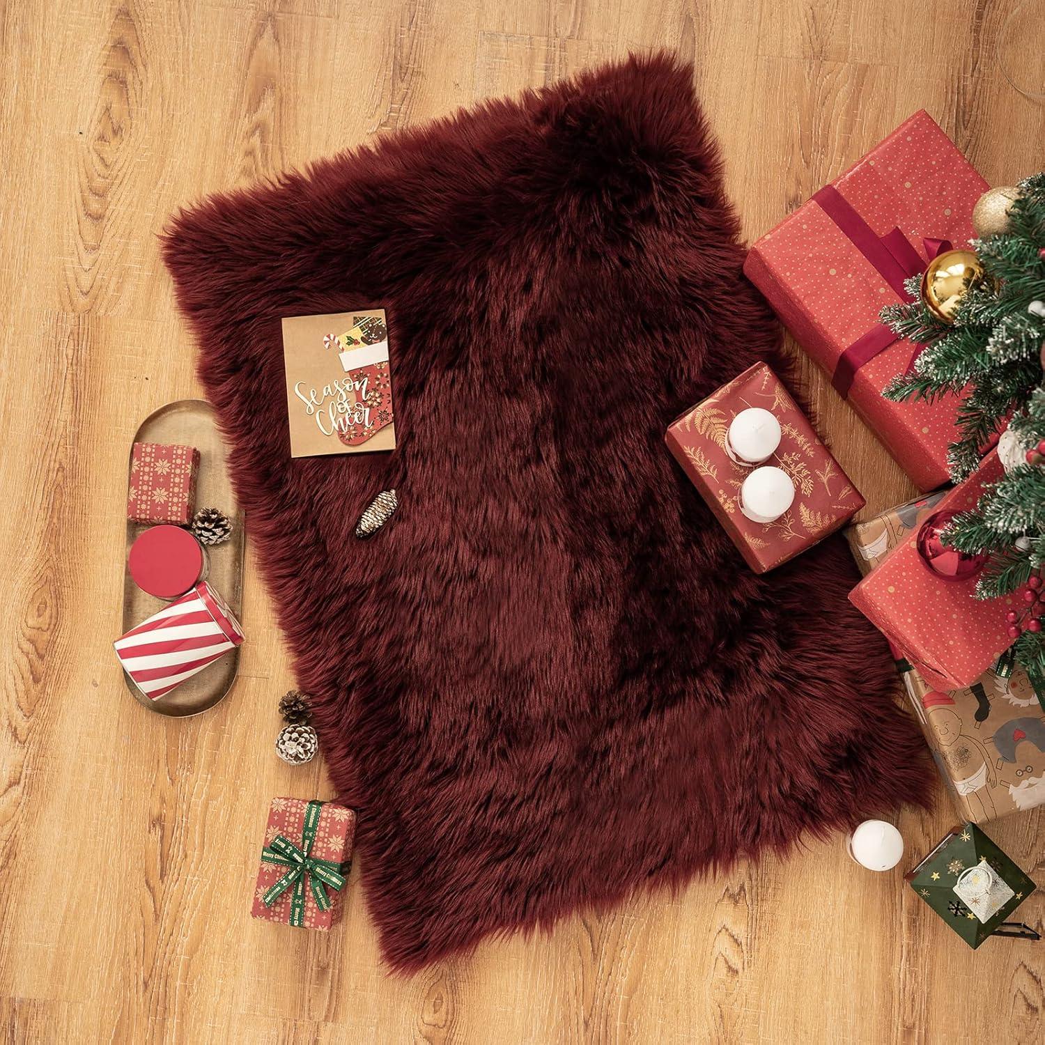 imageMIULEE Luxury Soft Fluffy Area Rug 3x5 Feet Faux Fur Sheepskin Rug Decorative Plush Shaggy Carpet for Christmas Decor Bedside Sofa Floor Nursery WhiteWine Red