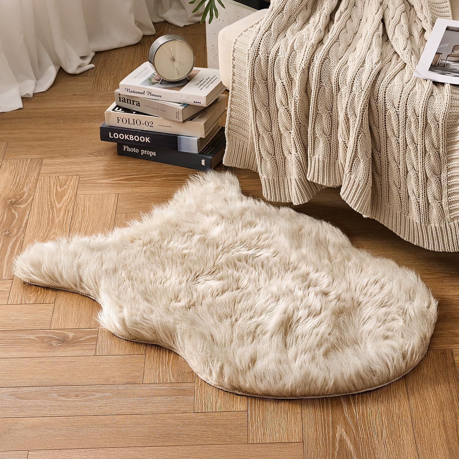 imageMIULEE Luxury Soft Fluffy Area Rug 3x5 Feet Faux Fur Sheepskin Rug Decorative Plush Shaggy Carpet for Christmas Decor Bedside Sofa Floor Nursery WhiteBeige
