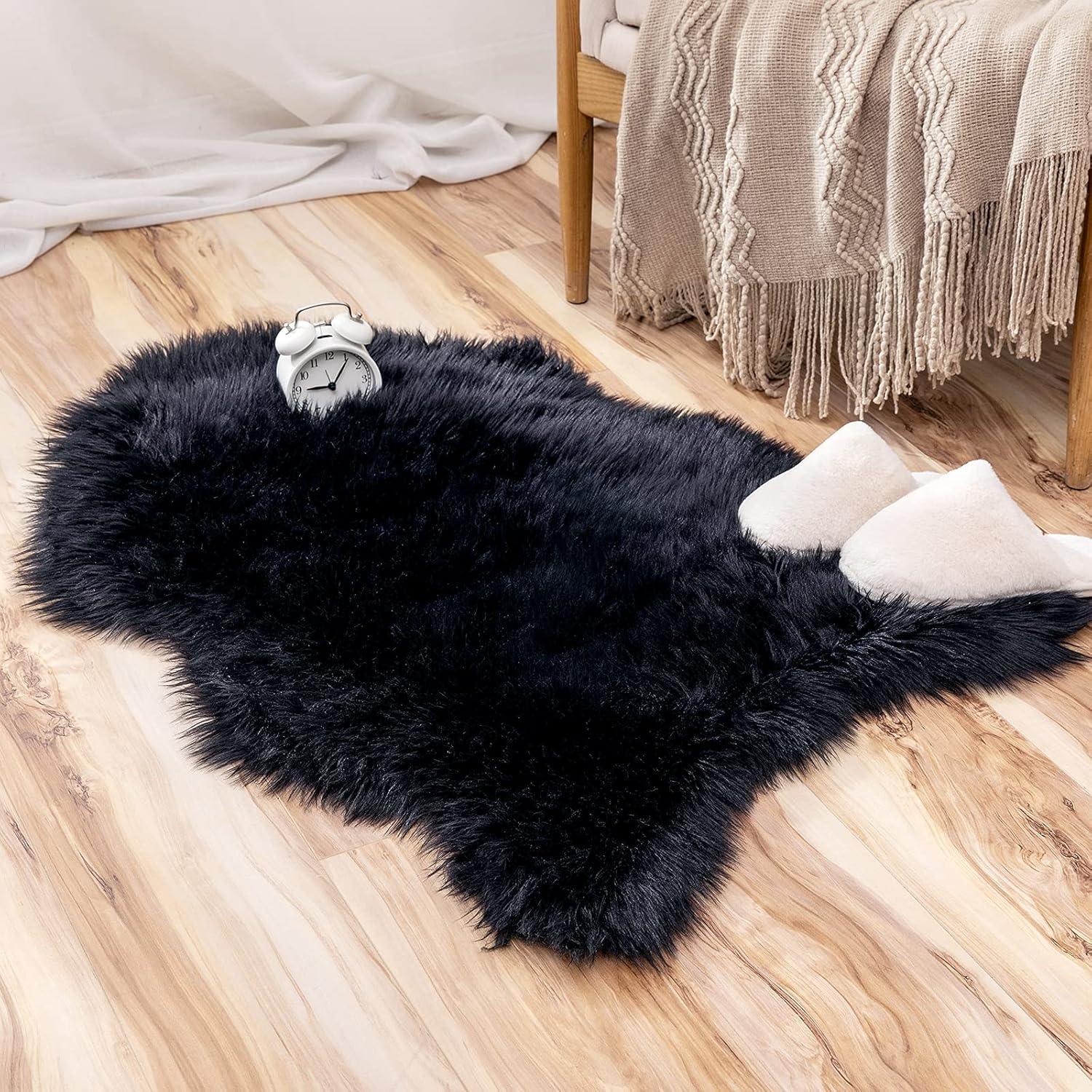 imageMIULEE Luxury Soft Fluffy Area Rug 3x5 Feet Faux Fur Sheepskin Rug Decorative Plush Shaggy Carpet for Christmas Decor Bedside Sofa Floor Nursery WhiteBlack