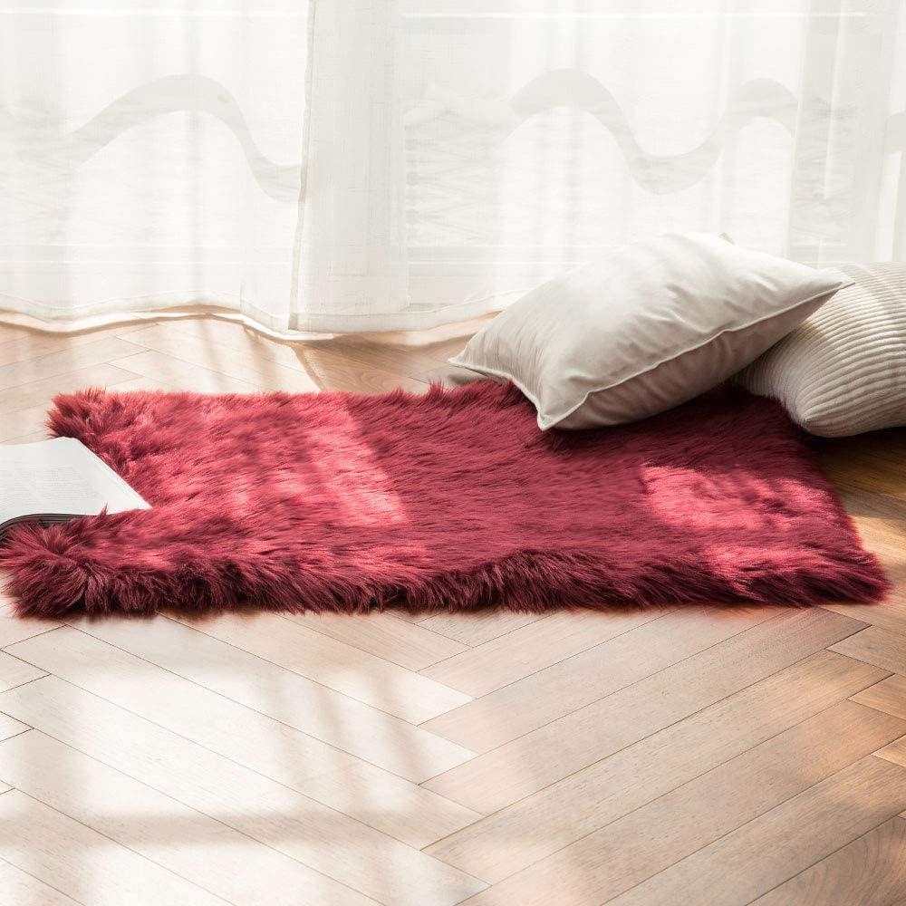 imageMIULEE Luxury Soft Fluffy Area Rug 3x5 Feet Faux Fur Sheepskin Rug Decorative Plush Shaggy Carpet for Christmas Decor Bedside Sofa Floor Nursery WhiteWine Red
