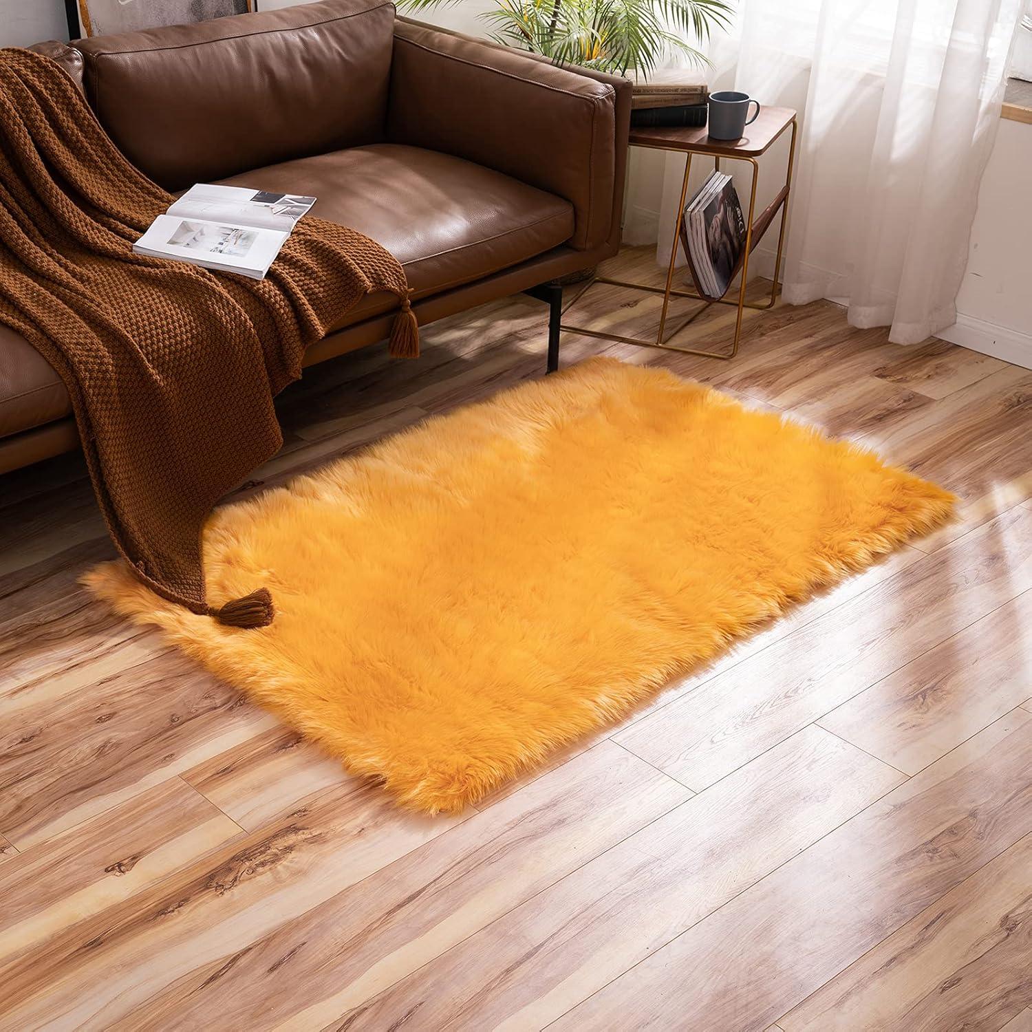 imageMIULEE Luxury Soft Fluffy Area Rug 3x5 Feet Faux Fur Sheepskin Rug Decorative Plush Shaggy Carpet for Christmas Decor Bedside Sofa Floor Nursery WhiteOrange Yellow