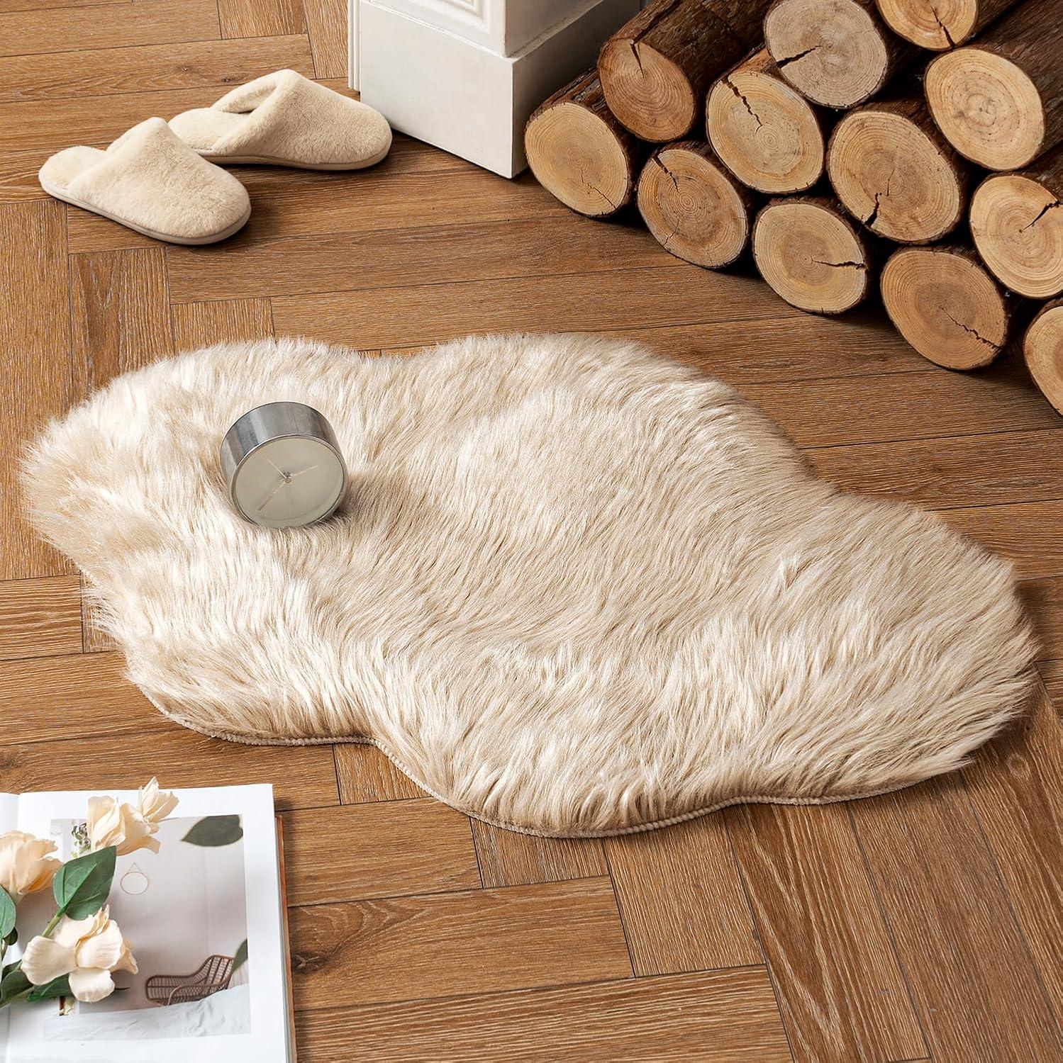 imageMIULEE Luxury Soft Fluffy Area Rug 3x5 Feet Faux Fur Sheepskin Rug Decorative Plush Shaggy Carpet for Christmas Decor Bedside Sofa Floor Nursery WhiteBeige