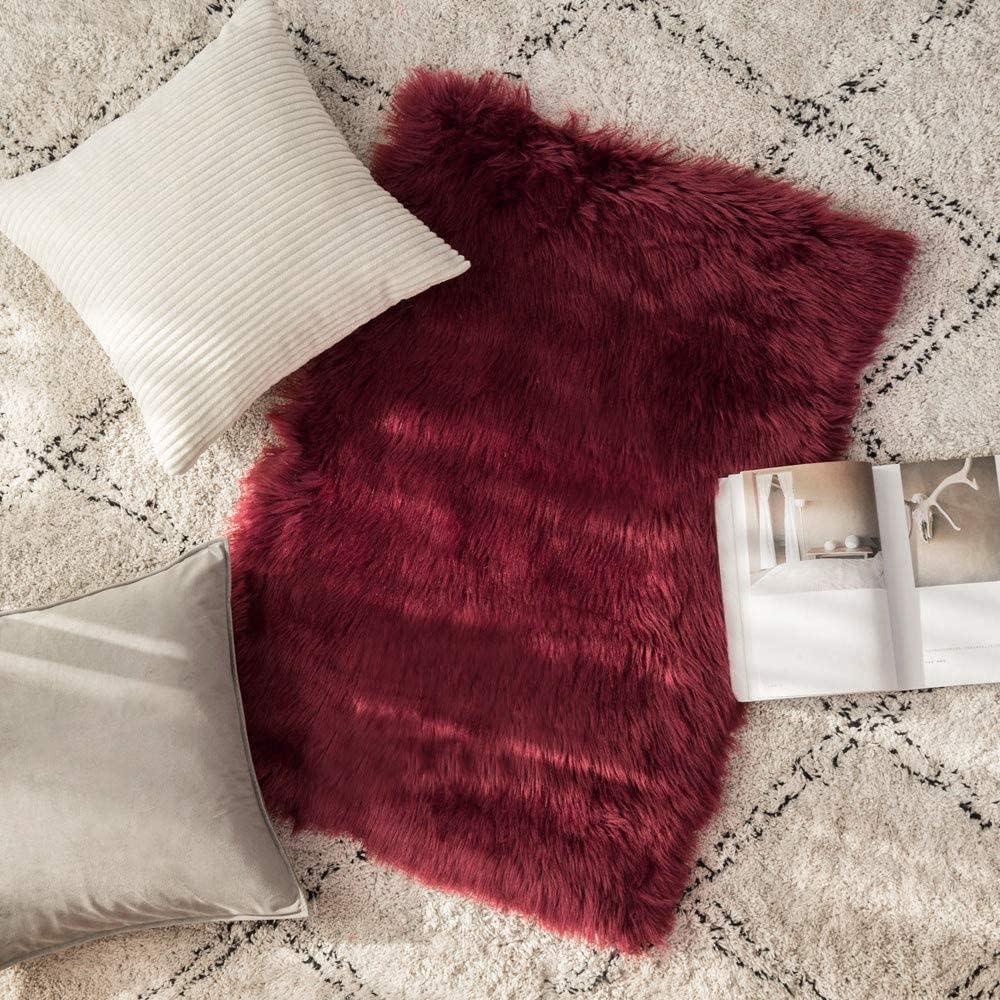 imageMIULEE Luxury Soft Fluffy Area Rug 3x5 Feet Faux Fur Sheepskin Rug Decorative Plush Shaggy Carpet for Christmas Decor Bedside Sofa Floor Nursery WhiteWine Red