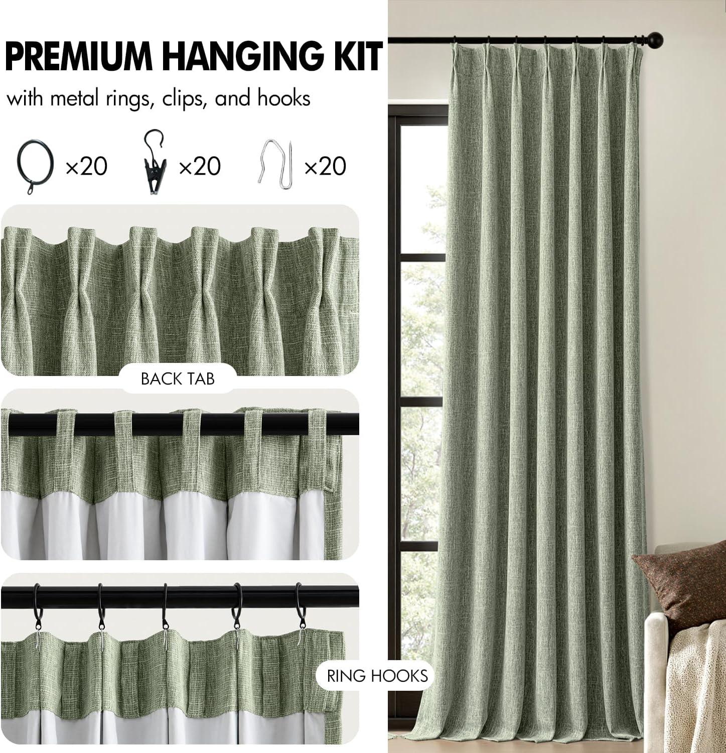 imageMIULEE Natural Pinch Pleated 100 Blackout Linen Curtains 96 Inch Length 2 Panels Set Black Out Memory Trained Pleat Curtains Light Blocking Room Darkening Drapes for Bedroom Living Room WindowSage Green