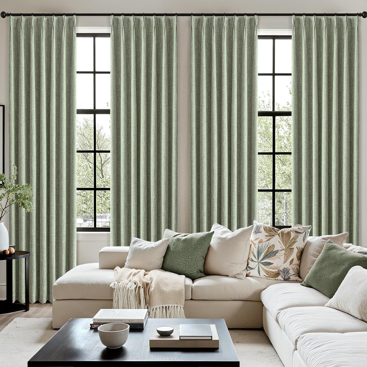 imageMIULEE Natural Pinch Pleated 100 Blackout Linen Curtains 96 Inch Length 2 Panels Set Black Out Memory Trained Pleat Curtains Light Blocking Room Darkening Drapes for Bedroom Living Room WindowSage Green