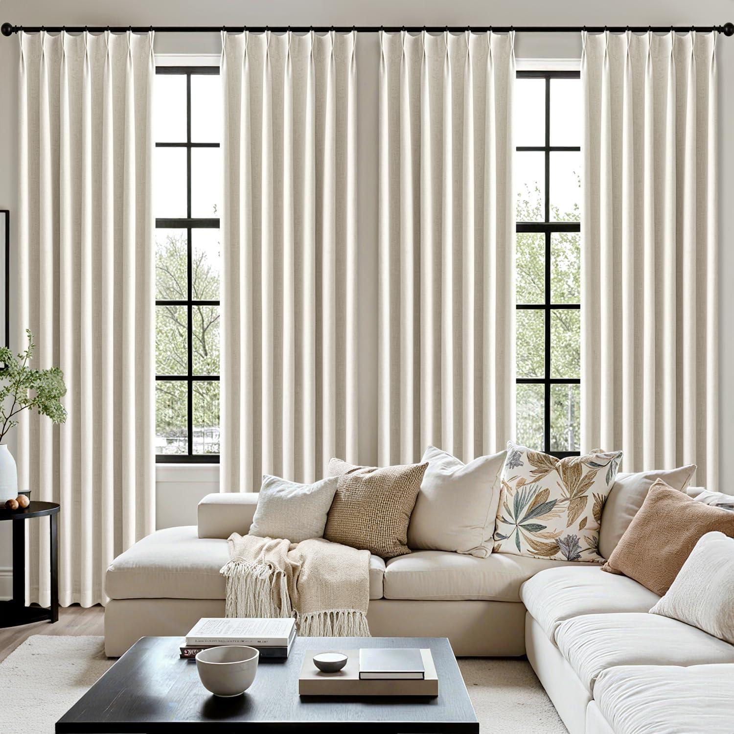 imageMIULEE Natural Pinch Pleated 100 Blackout Linen Curtains 96 Inch Length 2 Panels Set Black Out Memory Trained Pleat Curtains Light Blocking Room Darkening Drapes for Bedroom Living Room WindowNatural