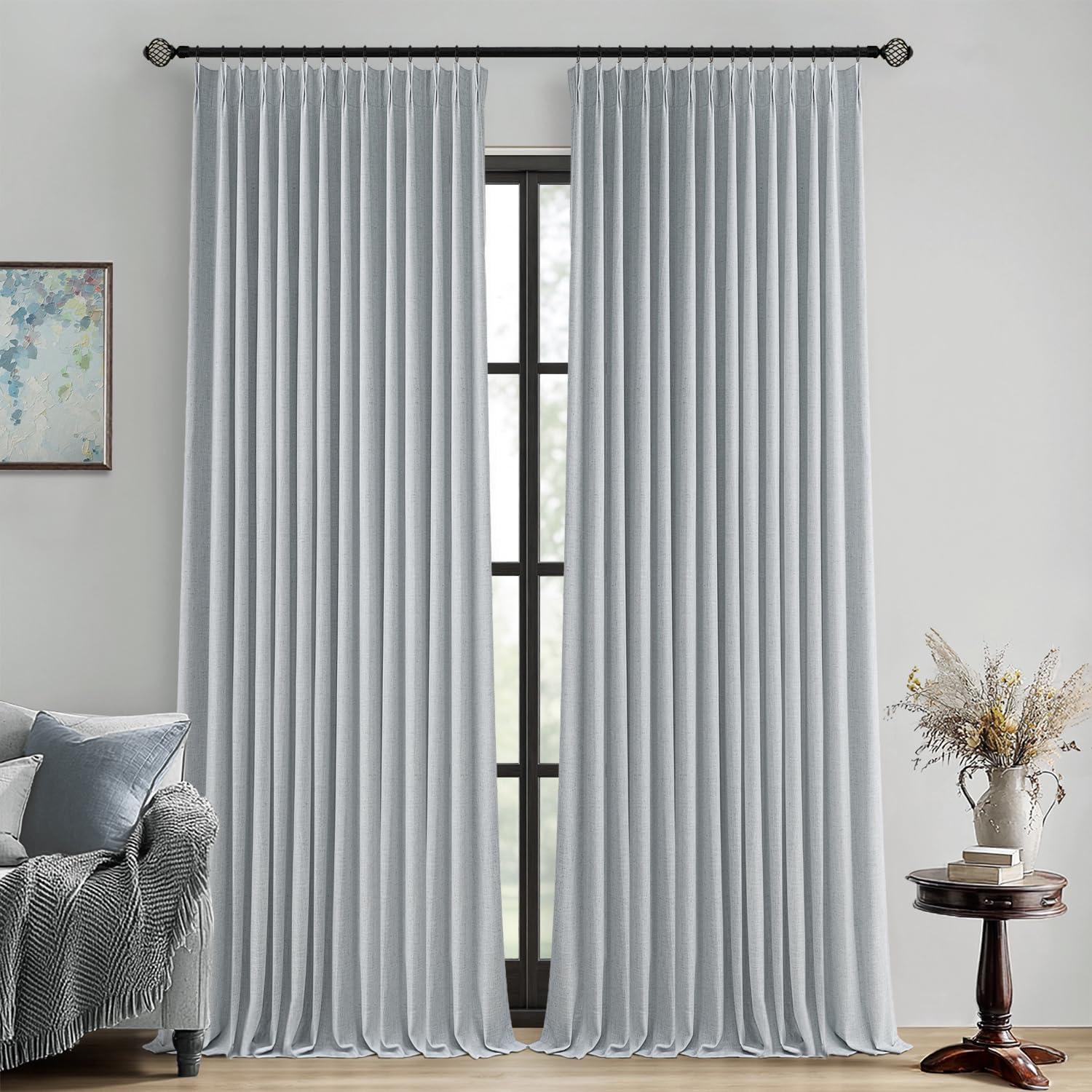 imageMIULEE Natural Pinch Pleated 100 Blackout Linen Curtains 96 Inch Length 2 Panels Set Black Out Memory Trained Pleat Curtains Light Blocking Room Darkening Drapes for Bedroom Living Room WindowGrayish Blue