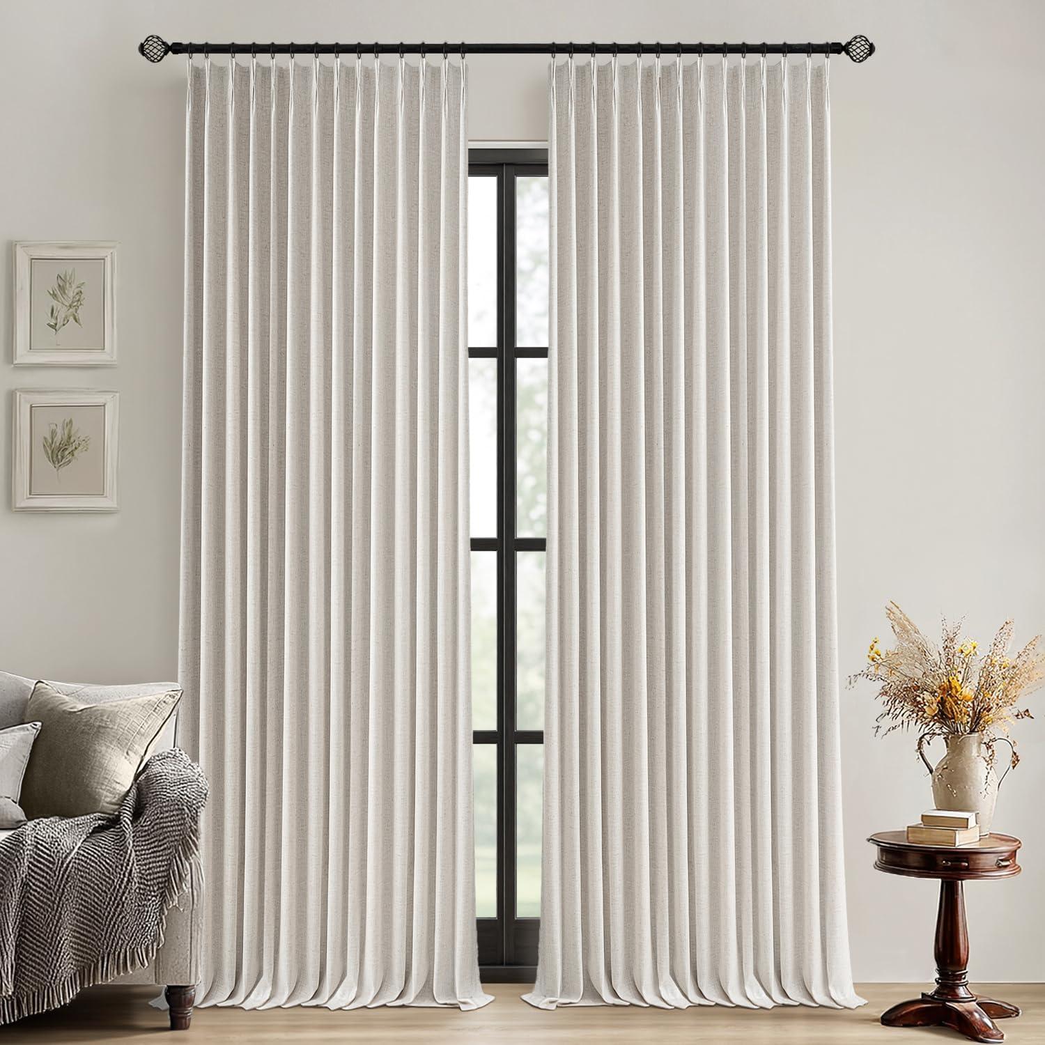 imageMIULEE Natural Pinch Pleated 100 Blackout Linen Curtains 96 Inch Length 2 Panels Set Black Out Memory Trained Pleat Curtains Light Blocking Room Darkening Drapes for Bedroom Living Room WindowBirch