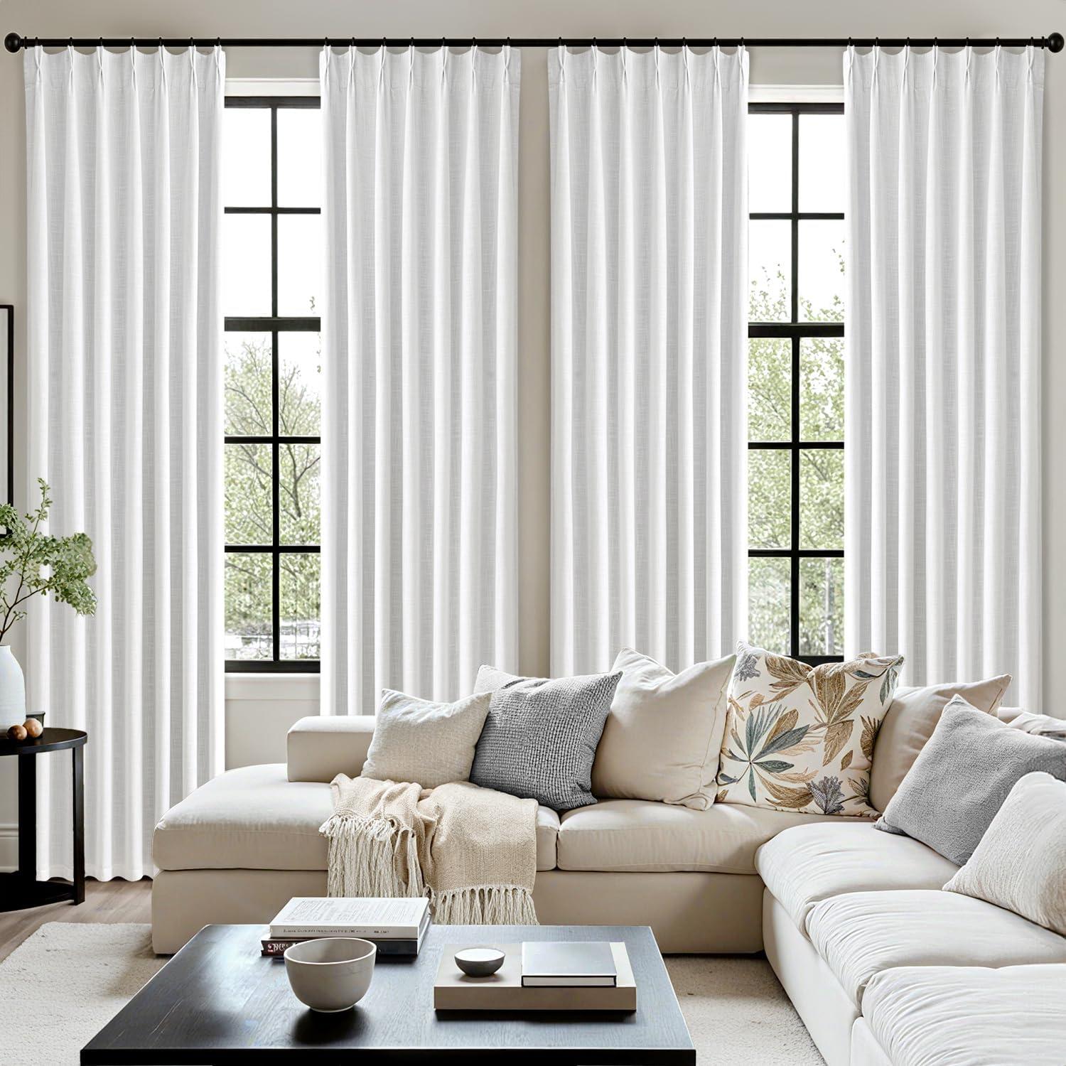 imageMIULEE Natural Pinch Pleated 100 Blackout Linen Curtains 96 Inch Length 2 Panels Set Black Out Memory Trained Pleat Curtains Light Blocking Room Darkening Drapes for Bedroom Living Room WindowWhite