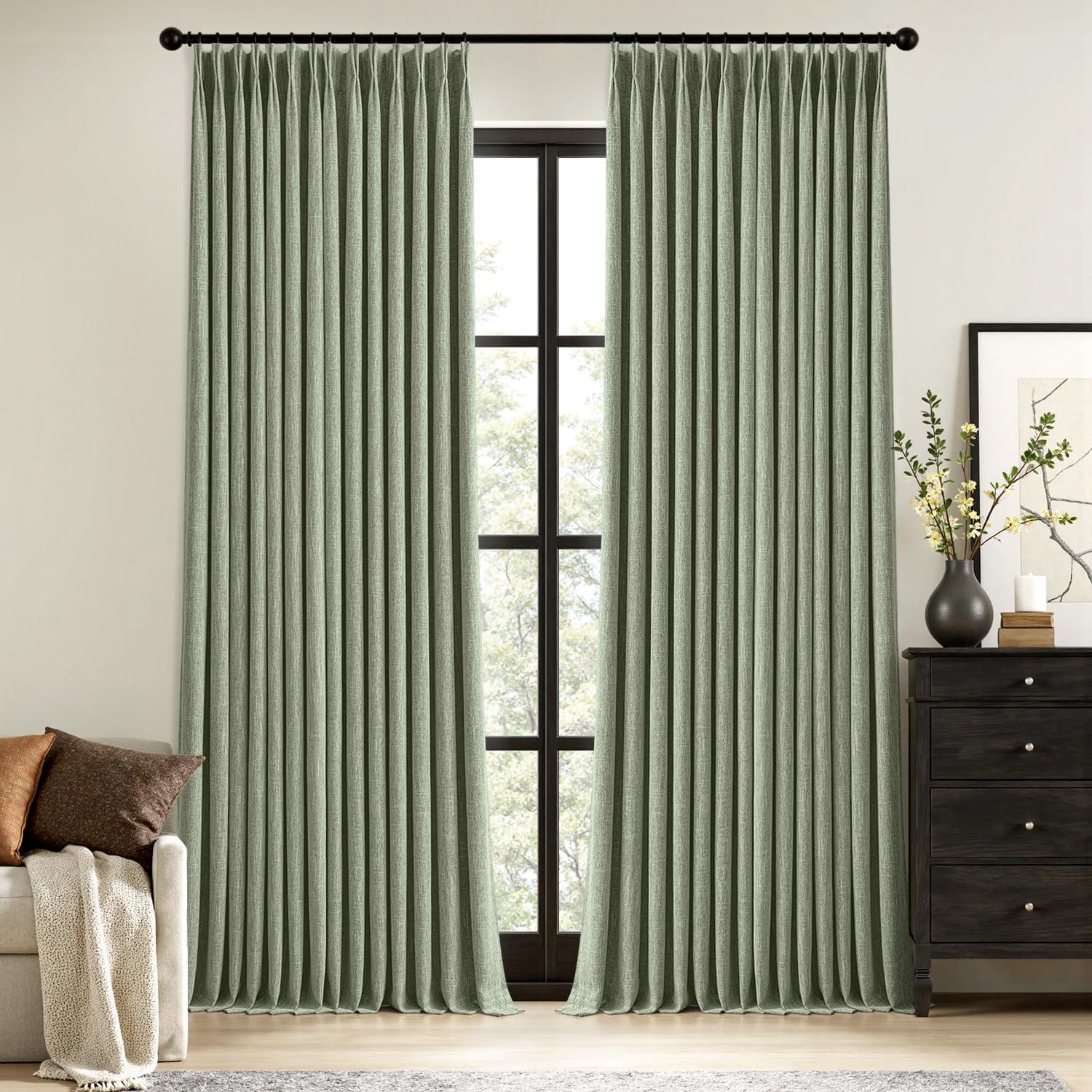 imageMIULEE Natural Pinch Pleated 100 Blackout Linen Curtains 96 Inch Length 2 Panels Set Black Out Memory Trained Pleat Curtains Light Blocking Room Darkening Drapes for Bedroom Living Room WindowSage Green
