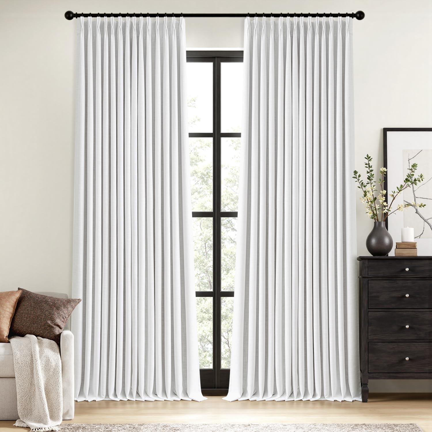 imageMIULEE Natural Pinch Pleated 100 Blackout Linen Curtains 96 Inch Length 2 Panels Set Black Out Memory Trained Pleat Curtains Light Blocking Room Darkening Drapes for Bedroom Living Room WindowWhite