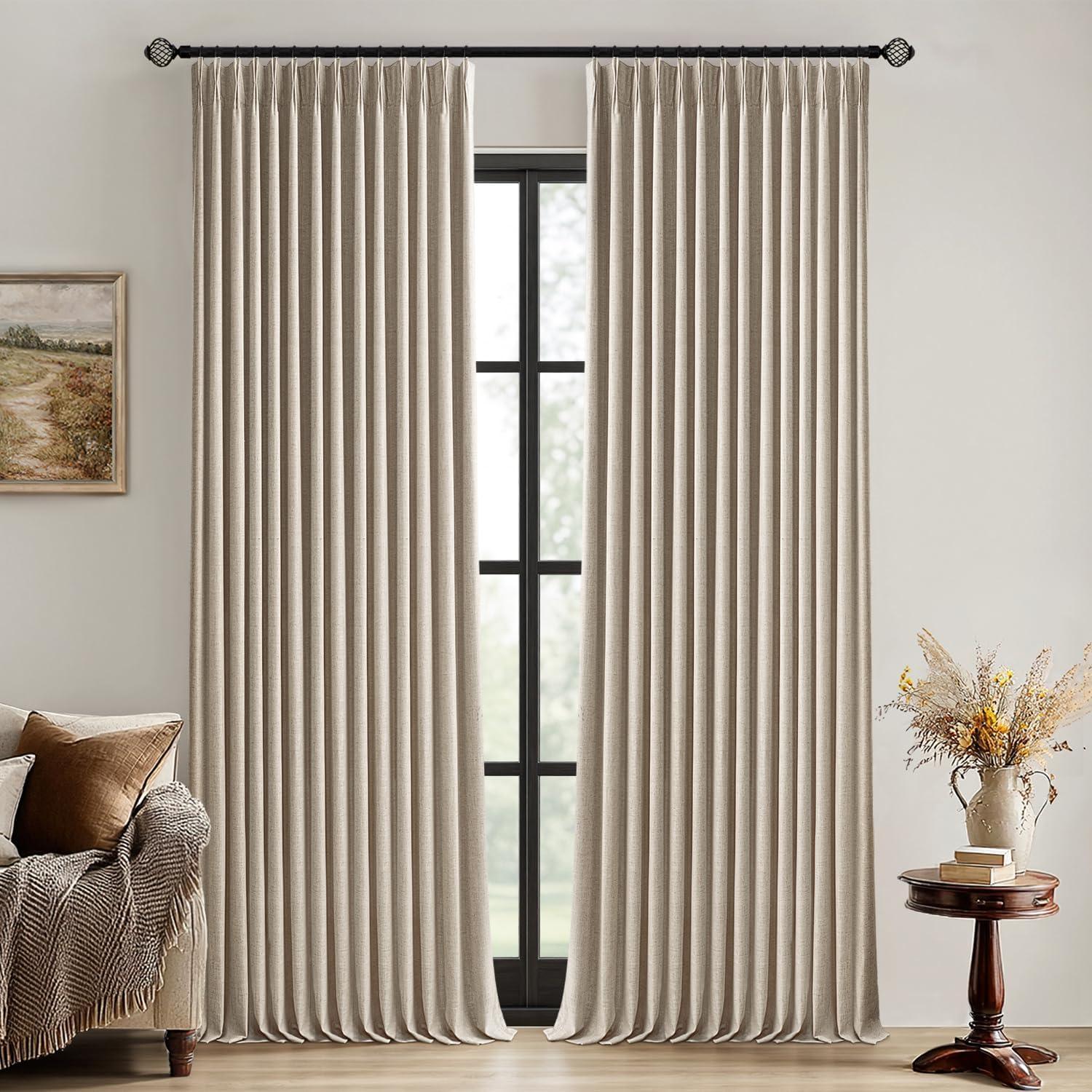 imageMIULEE Natural Pinch Pleated 100 Blackout Linen Curtains 96 Inch Length 2 Panels Set Black Out Memory Trained Pleat Curtains Light Blocking Room Darkening Drapes for Bedroom Living Room WindowSand