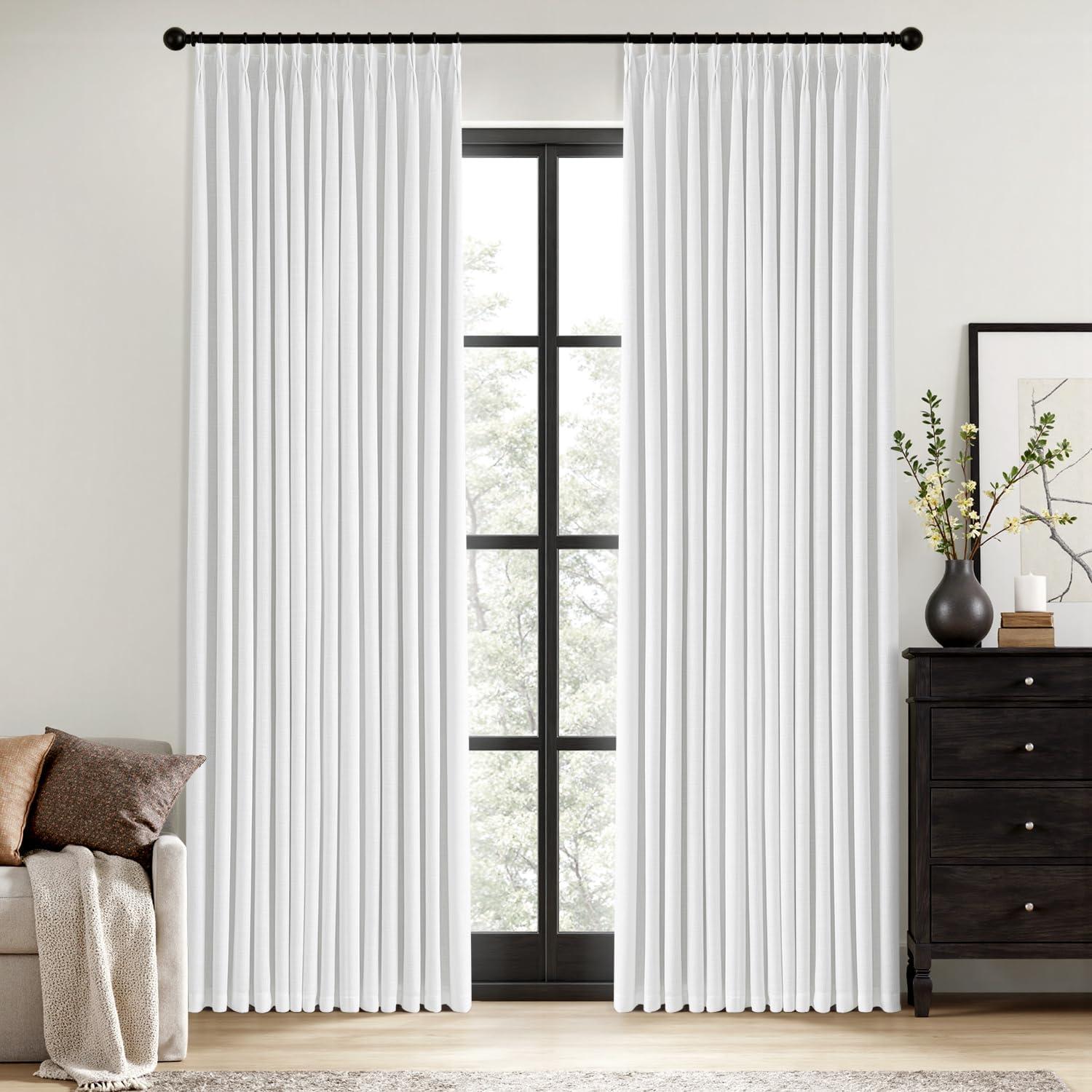 imageMIULEE Natural Pinch Pleated 100 Blackout Linen Curtains 96 Inch Length 2 Panels Set Black Out Memory Trained Pleat Curtains Light Blocking Room Darkening Drapes for Bedroom Living Room WindowWhite