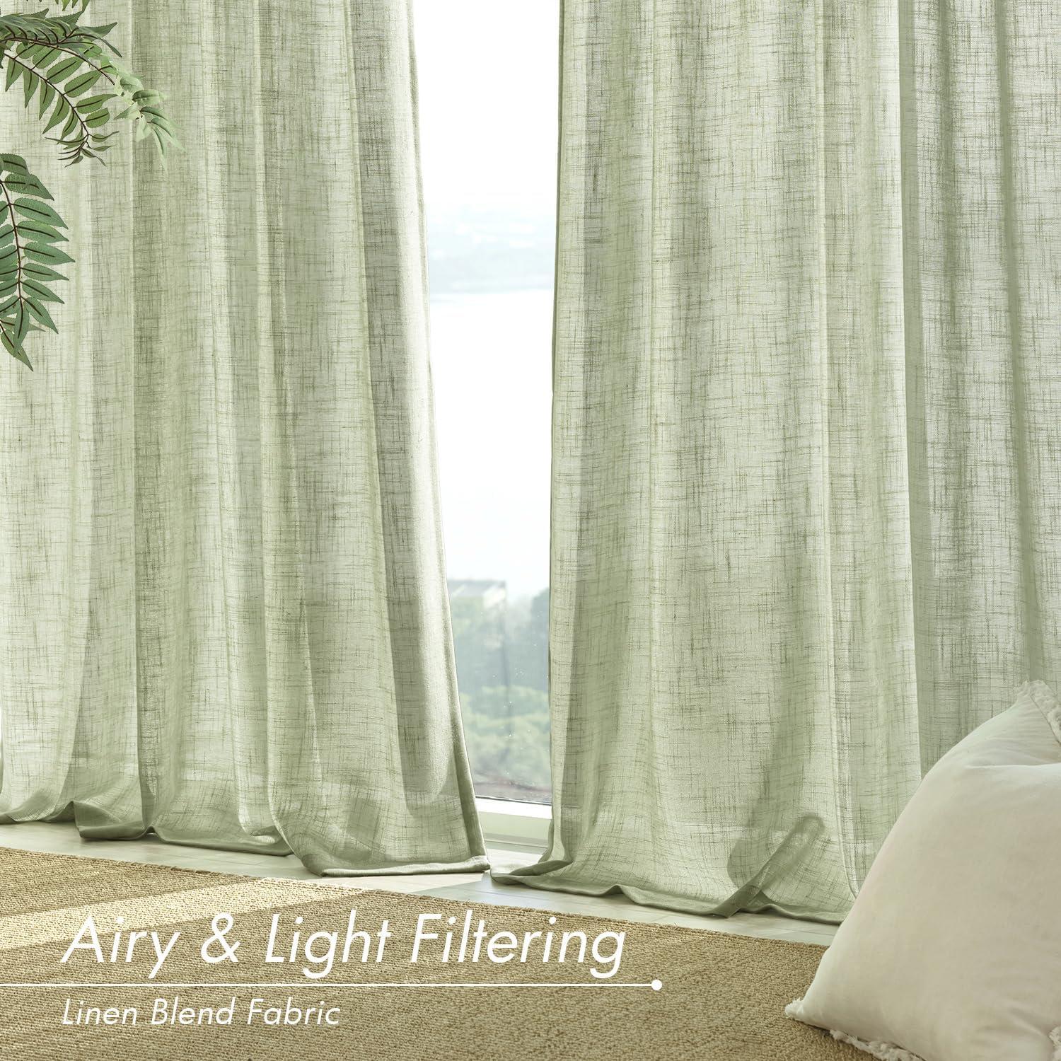 imageMIULEE Natural White Linen Curtains 84 Inch Length 2 Panels Set for Living Room Bedroom Semi Sheer Light Filtering Farmhouse Rod Pocket Long Soft Thick Linen Textured Window Drapes W42XL84Sage Green