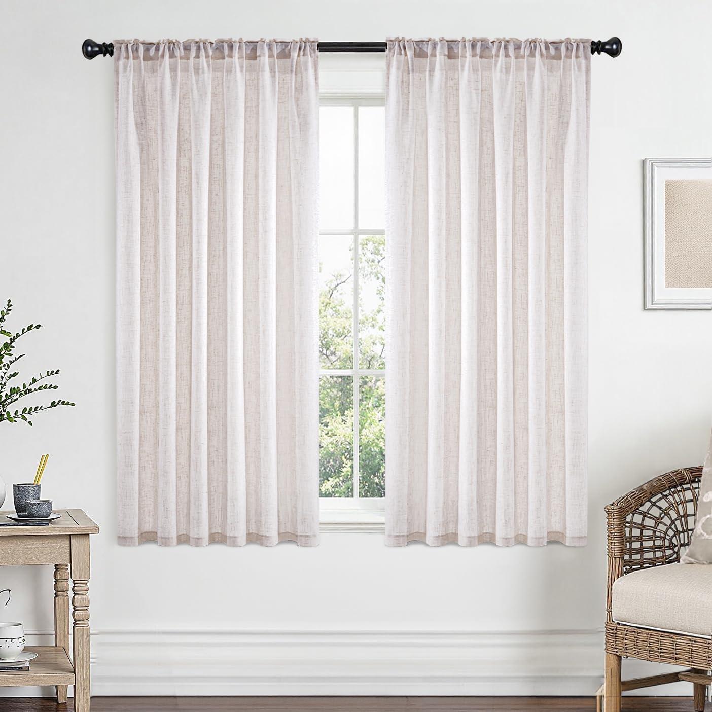 imageMIULEE Natural White Linen Curtains 84 Inch Length 2 Panels Set for Living Room Bedroom Semi Sheer Light Filtering Farmhouse Rod Pocket Long Soft Thick Linen Textured Window Drapes W42XL84Bleached Linen