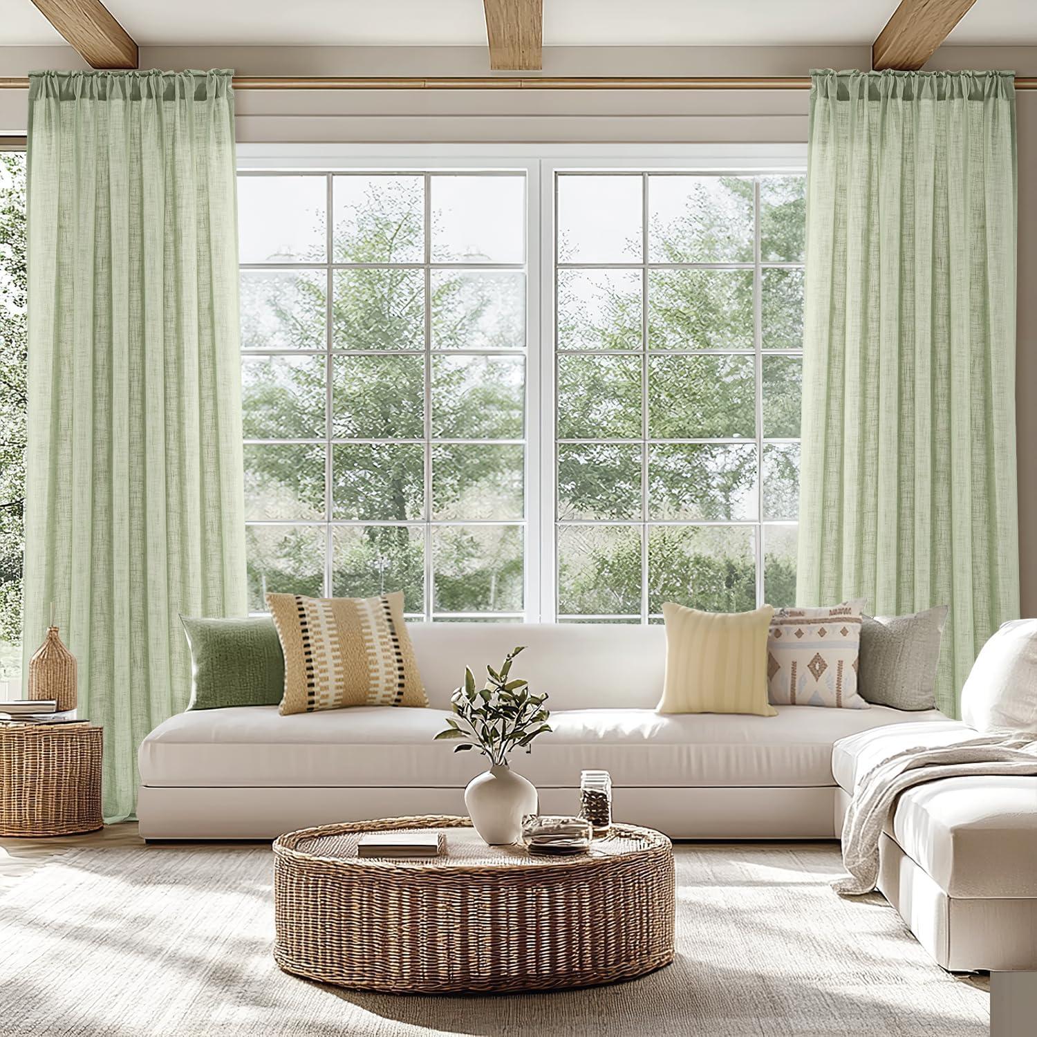 imageMIULEE Natural White Linen Curtains 84 Inch Length 2 Panels Set for Living Room Bedroom Semi Sheer Light Filtering Farmhouse Rod Pocket Long Soft Thick Linen Textured Window Drapes W42XL84Sage Green