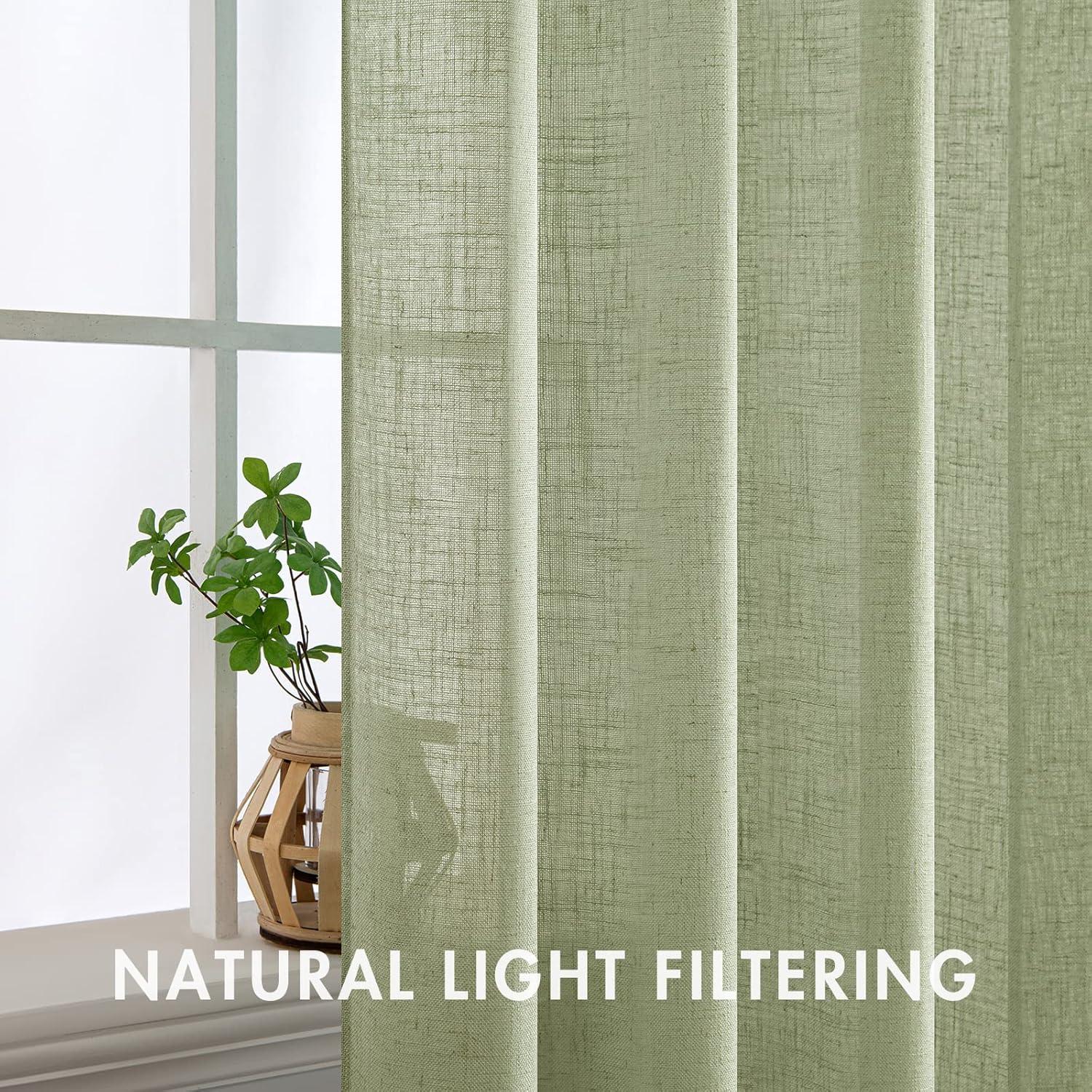 imageMIULEE Natural White Linen Curtains 84 Inch Length 2 Panels Set for Living Room Bedroom Semi Sheer Light Filtering Farmhouse Rod Pocket Long Soft Thick Linen Textured Window Drapes W42XL84Sage Green