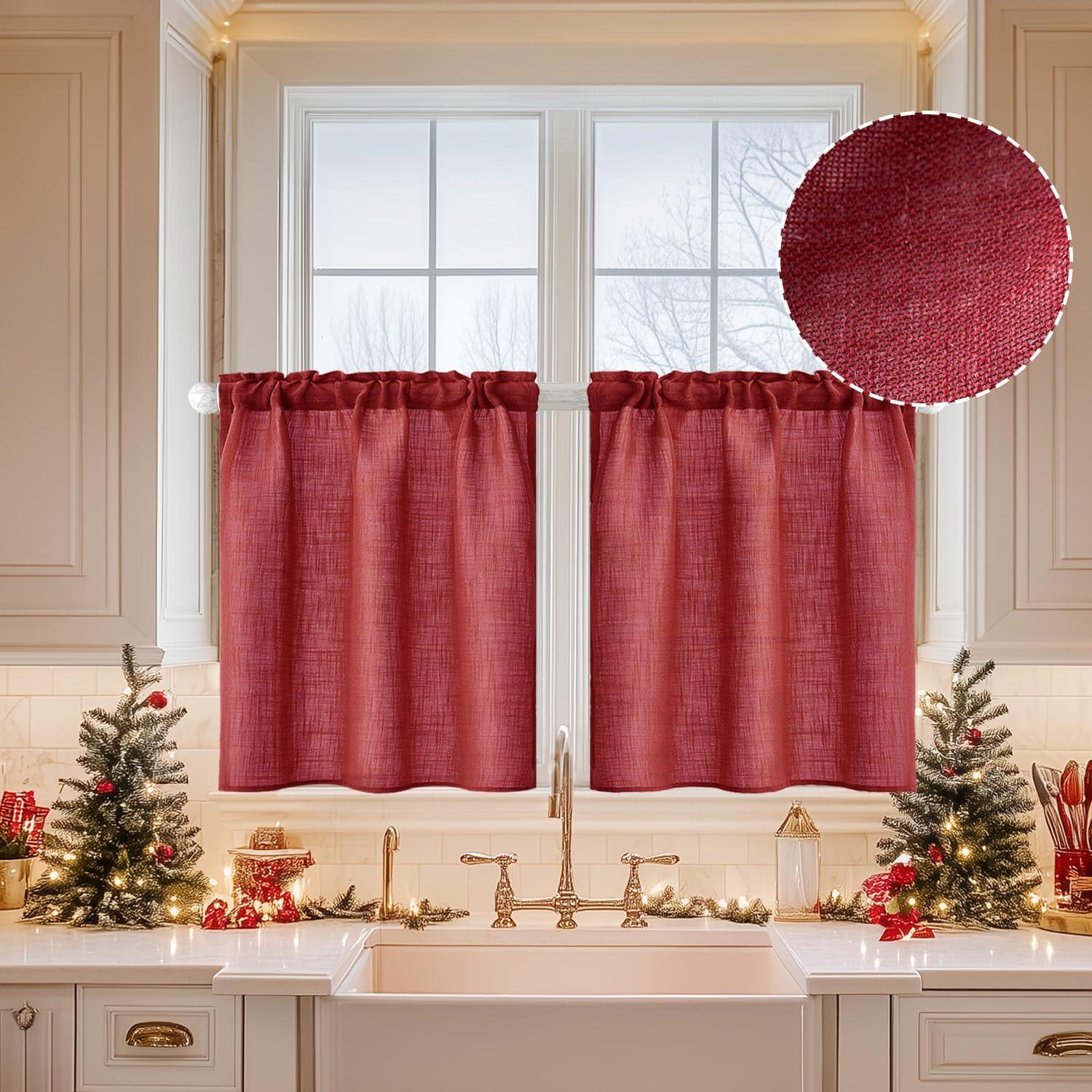 imageMIULEE Natural White Linen Curtains 84 Inch Length 2 Panels Set for Living Room Bedroom Semi Sheer Light Filtering Farmhouse Rod Pocket Long Soft Thick Linen Textured Window Drapes W42XL84Burgundy Red