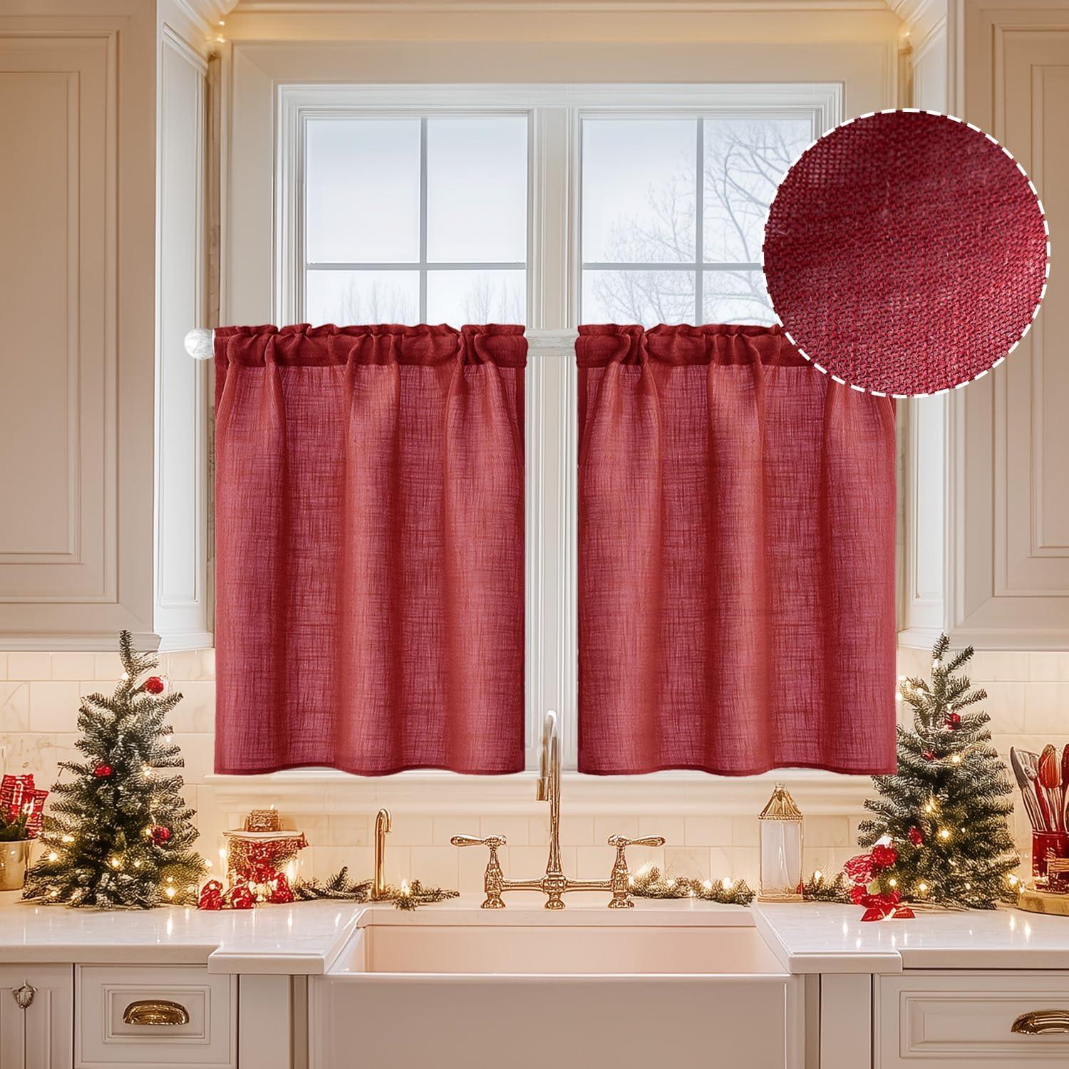 imageMIULEE Natural White Linen Curtains 84 Inch Length 2 Panels Set for Living Room Bedroom Semi Sheer Light Filtering Farmhouse Rod Pocket Long Soft Thick Linen Textured Window Drapes W42XL84Burgundy Red