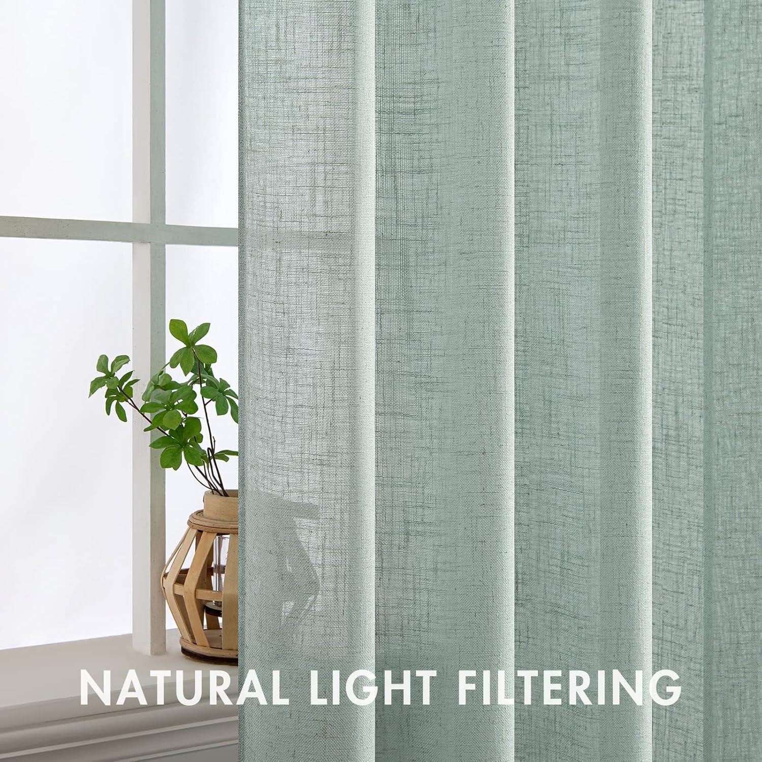 imageMIULEE Natural White Linen Curtains 84 Inch Length 2 Panels Set for Living Room Bedroom Semi Sheer Light Filtering Farmhouse Rod Pocket Long Soft Thick Linen Textured Window Drapes W42XL84Sea Green