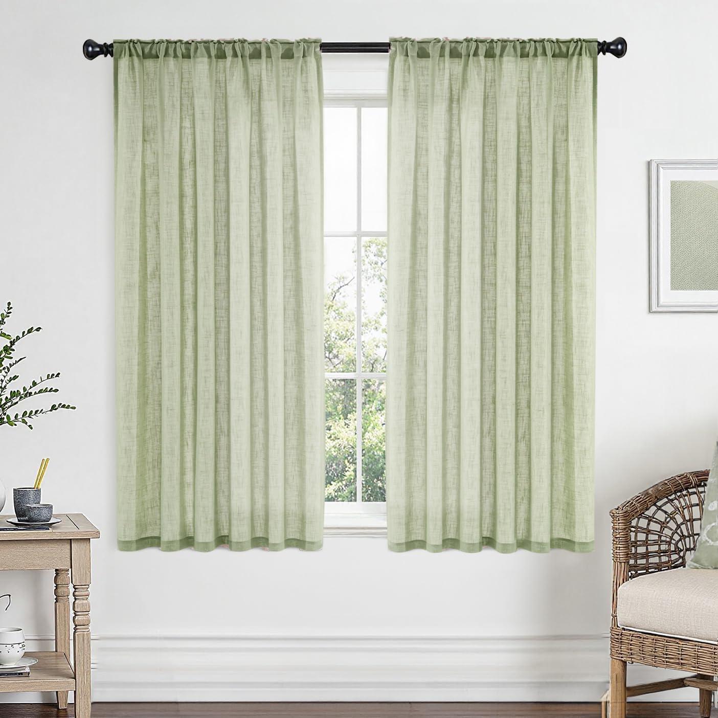 imageMIULEE Natural White Linen Curtains 84 Inch Length 2 Panels Set for Living Room Bedroom Semi Sheer Light Filtering Farmhouse Rod Pocket Long Soft Thick Linen Textured Window Drapes W42XL84Sage Green