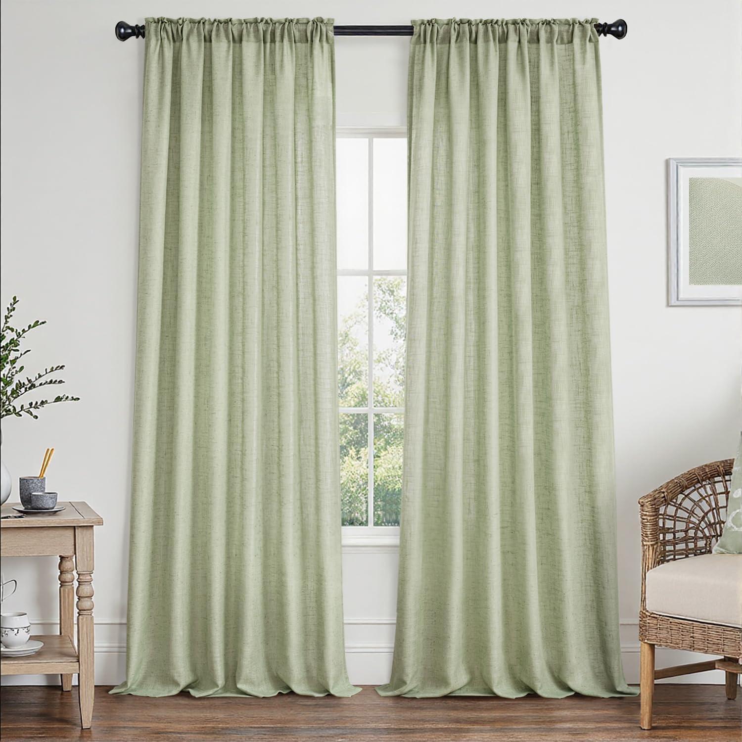 imageMIULEE Natural White Linen Curtains 84 Inch Length 2 Panels Set for Living Room Bedroom Semi Sheer Light Filtering Farmhouse Rod Pocket Long Soft Thick Linen Textured Window Drapes W42XL84Sage Green