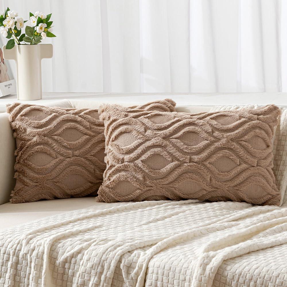 imageMIULEE Navy Blue Throw Pillow Covers 20x20 Inch Soft Winter Plush Faux Wool Couch Pillow Covers Set of 2 Decorative Farmhouse Boho Throw Pillows for Sofa Living Room BedLight Brown
